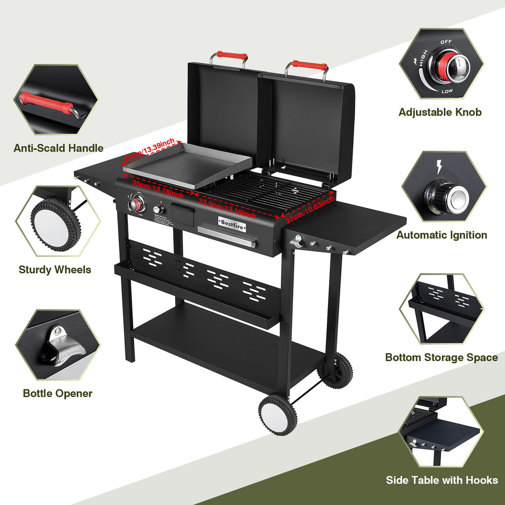 BESTFIRE Foldable Flat Top Grill, Outdoor Griddle-3 Burner Propane Griddle with Two Foldable Shelves,36" Flat Grills Outdoor-45,000 BTU Gas Grill for BBQ& Outdoor Cooking,Black