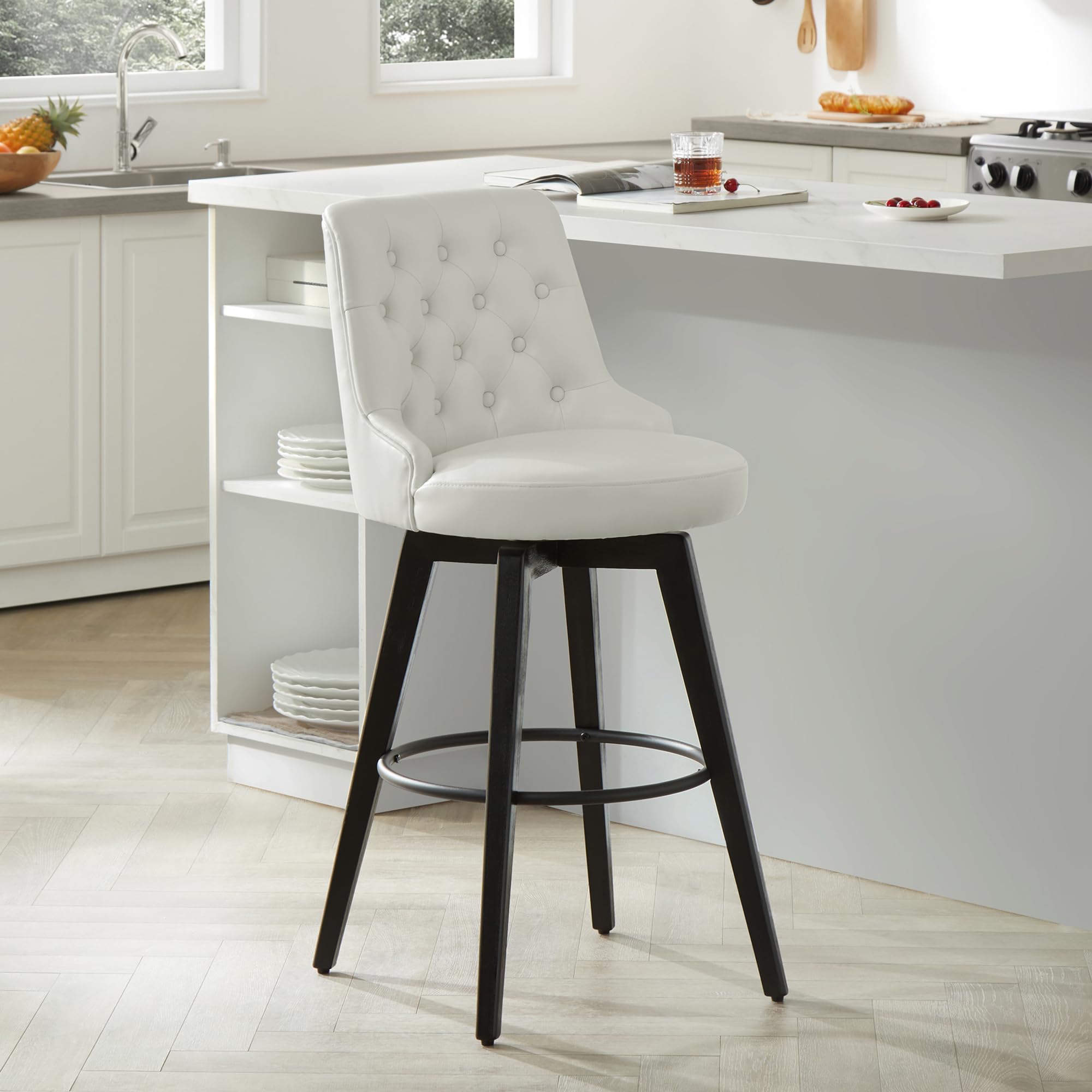 Watson & Whitely Counter Height Bar Stools, Performance Fabric Upholstered Modern Swivel Barstool with Back, Solid Wood Legs, 26" H Seat, Flint Grey