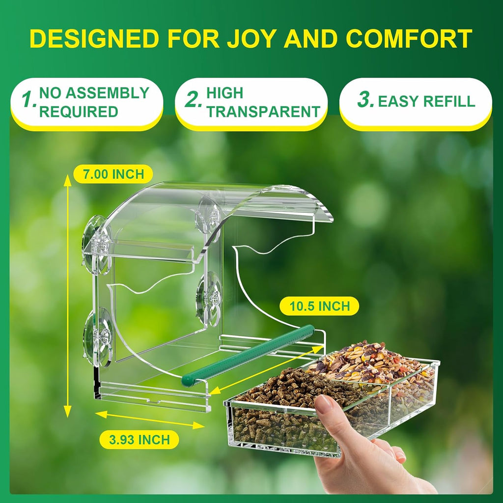 Clear Acrylic Window Bird Feeder for Outside with 4 Strong Suction Cups and Detachable Seed Tray, Highly Transparent Outdoor Viewing Birdfeeder, Wild Bird House Box