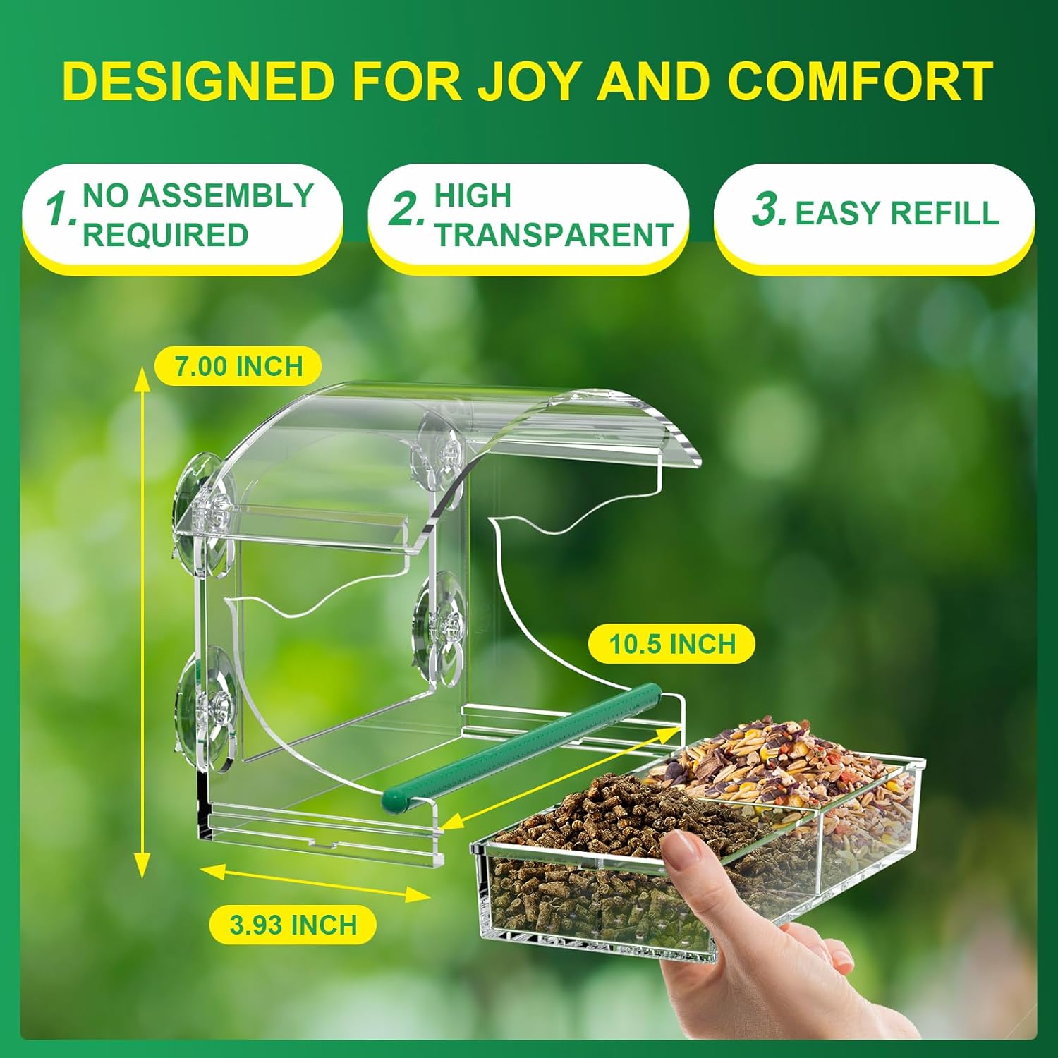 Clear Acrylic Window Bird Feeder for Outside with 4 Strong Suction Cups and Detachable Seed Tray, Highly Transparent Outdoor Viewing Birdfeeder, Wild Bird House Box