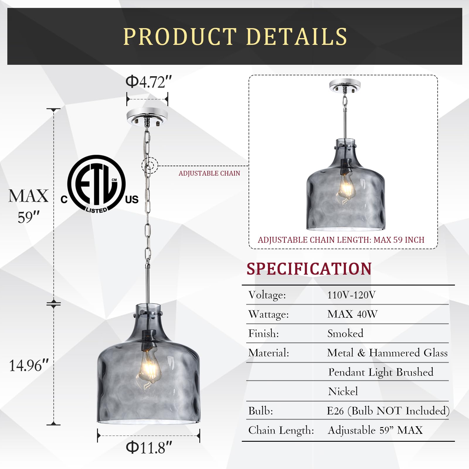 Glass Large Pendant Lights for Kitchen Island Blown Glass Pendant Light Clear Hammered Shade Hanging Ceiling Lights with Black Finish for for Kitchen Island, Sink, Hallway, Living Room 11 inch