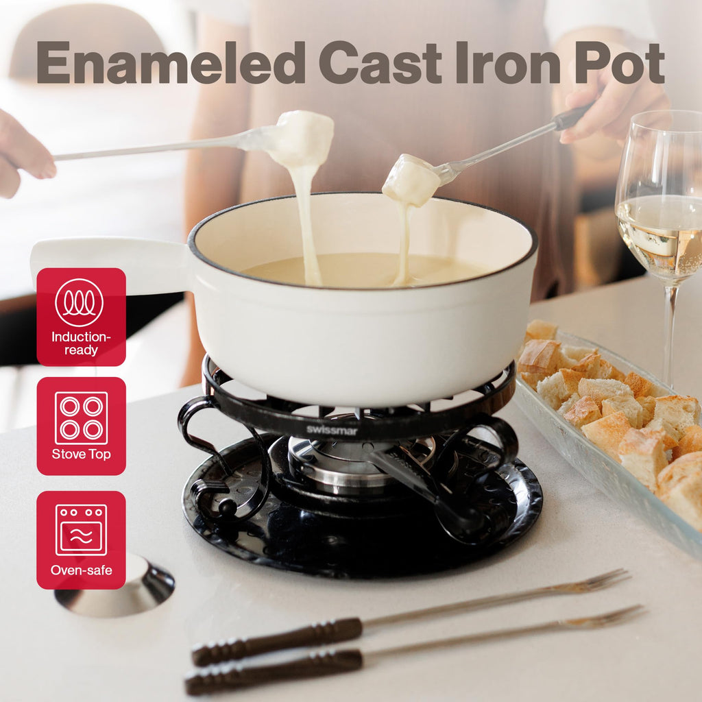 Swissmar Lugano Cast Iron Cheese Fondue Set, 9-Piece, 2 QT / 2 L - Ideal for Melting Cheese, Chocolates, Caramel, & More - Perfect for Kitchen Collection & Gift Giving - Matte Black