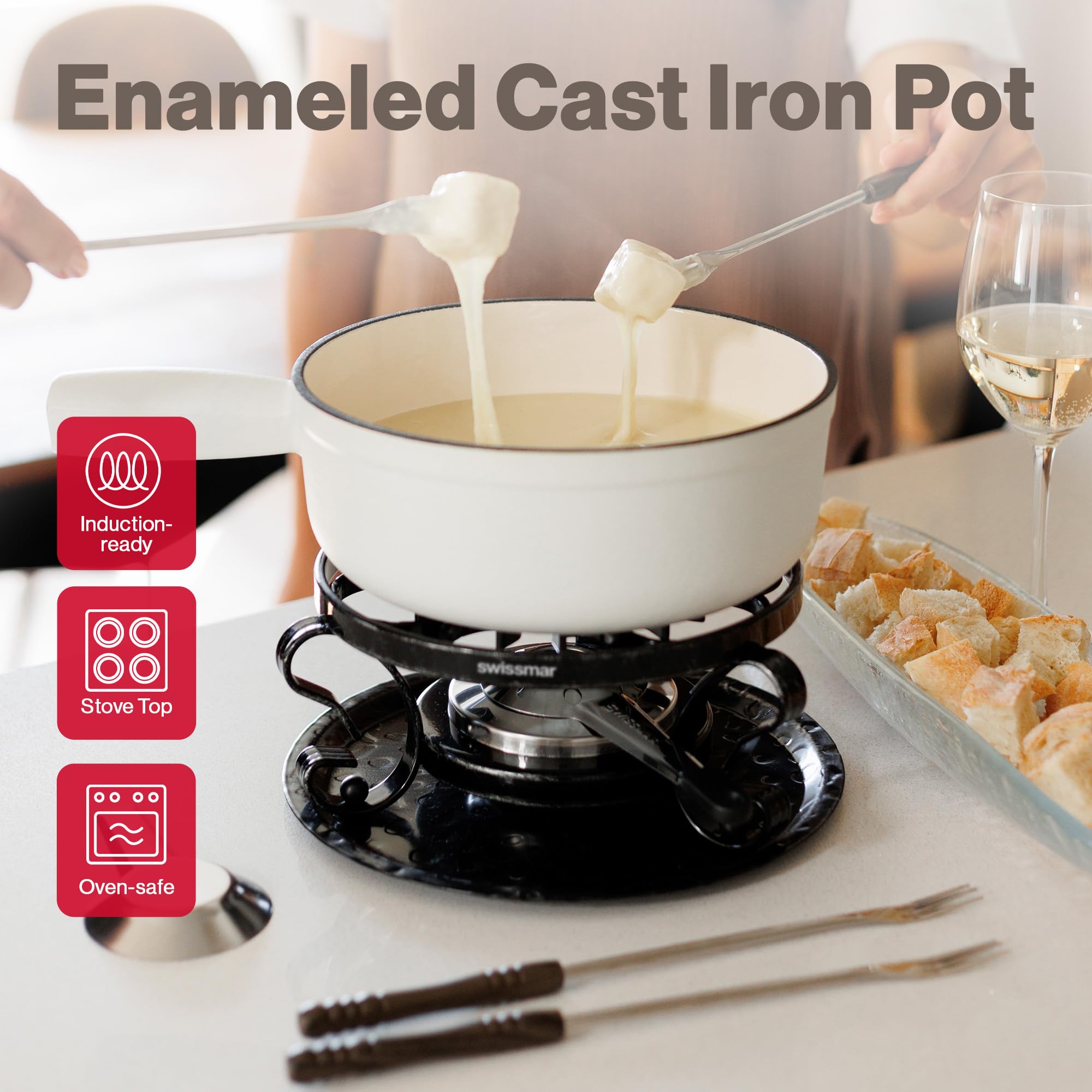 Swissmar Lugano Cast Iron Cheese Fondue Set, 9-Piece, 2 QT / 2 L - Ideal for Melting Cheese, Chocolates, Caramel, & More - Perfect for Kitchen Collection & Gift Giving - Matte Black