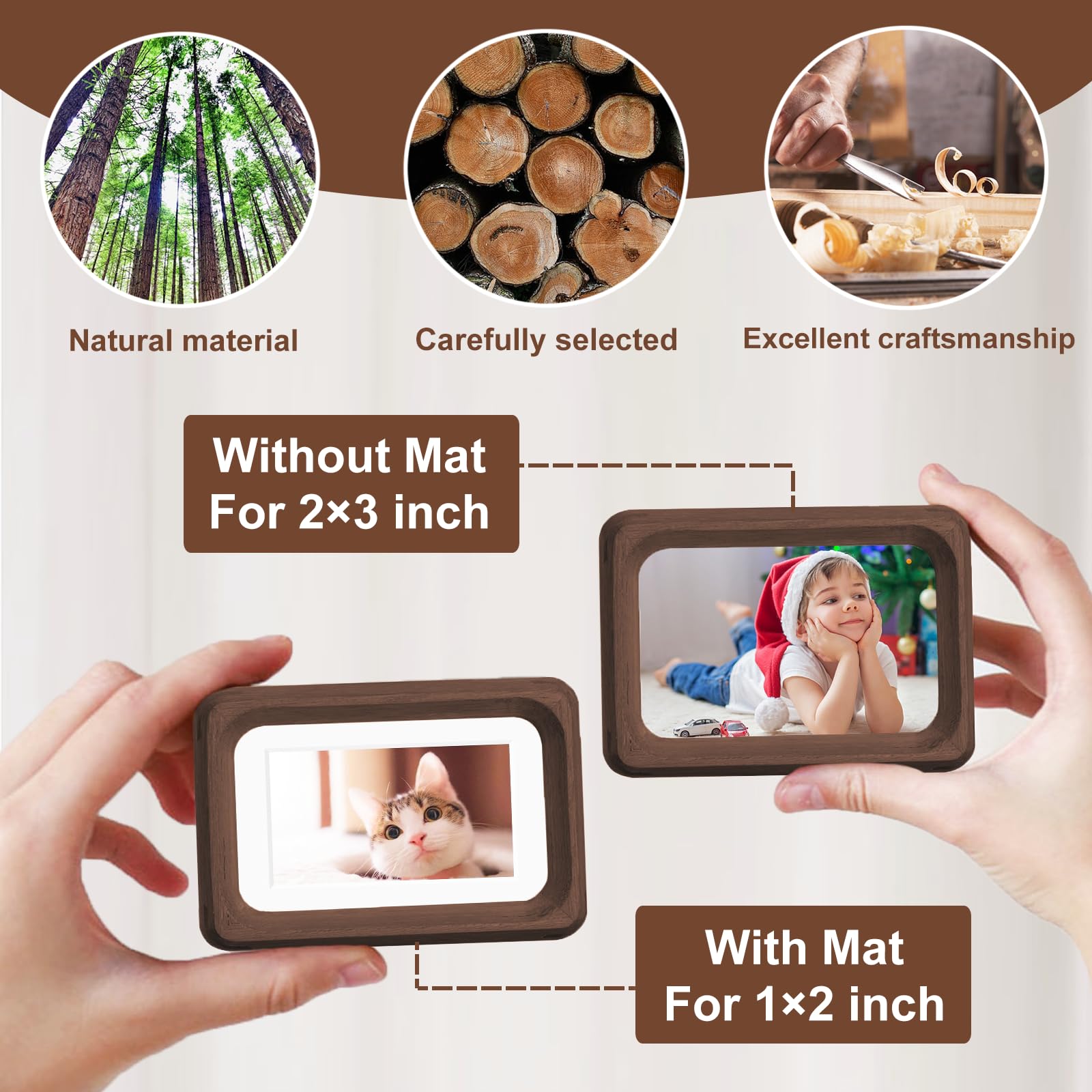 Mini Wood Picture Frame,Small Picture Frames 2x3 with Tiny Mat | Cute Polaroid Picture Frame,Teak Solid Natural Wood Tiny Photo Frame, Tabletop and Wall Mounting