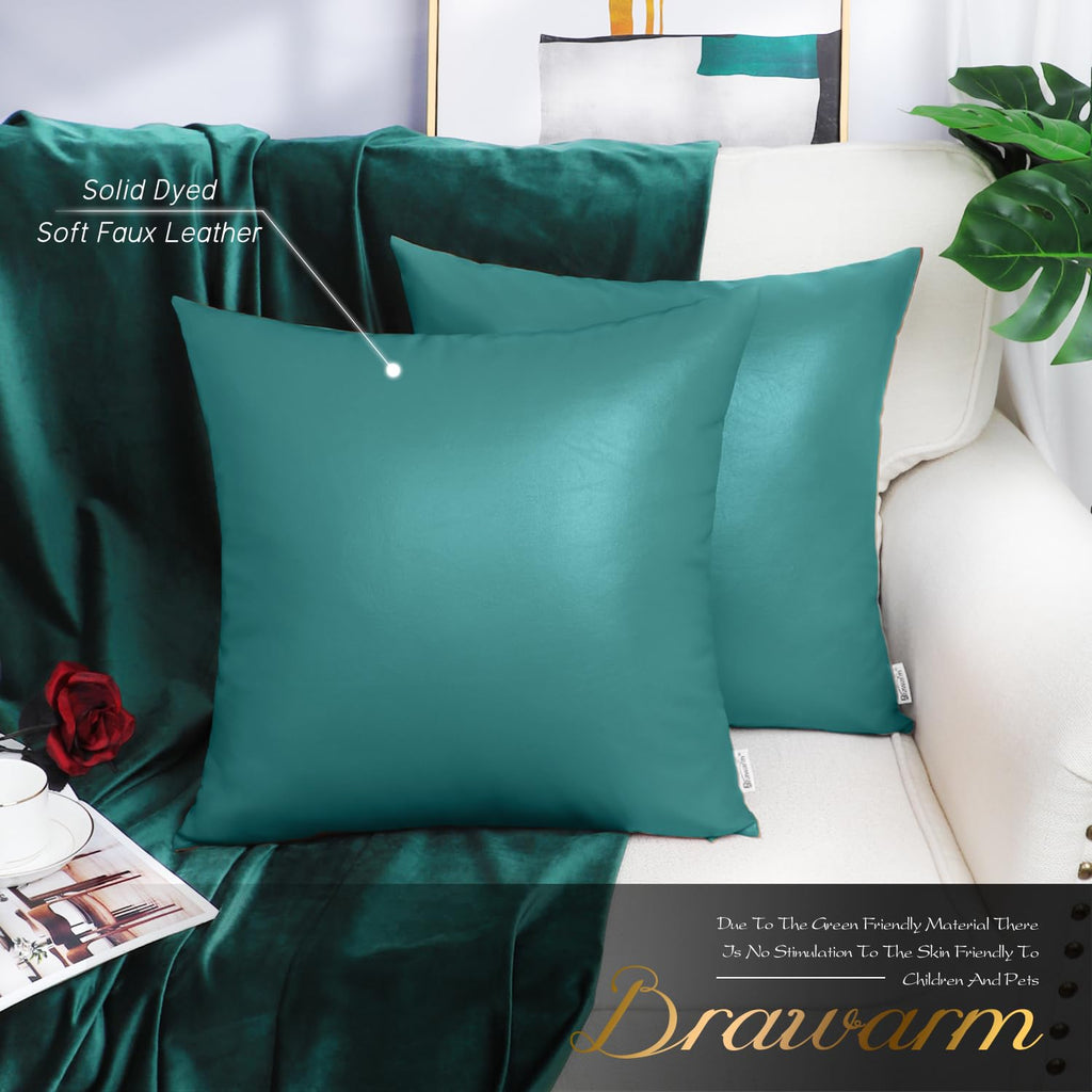 BRAWARM Faux Leather Throw Pillow Covers 16 X 16 Inches - Black Leather Pilow Covers Pack of 2, Solid Dyed Leather Pillowcases for Couch Bed Sofa Garden Home Decorative