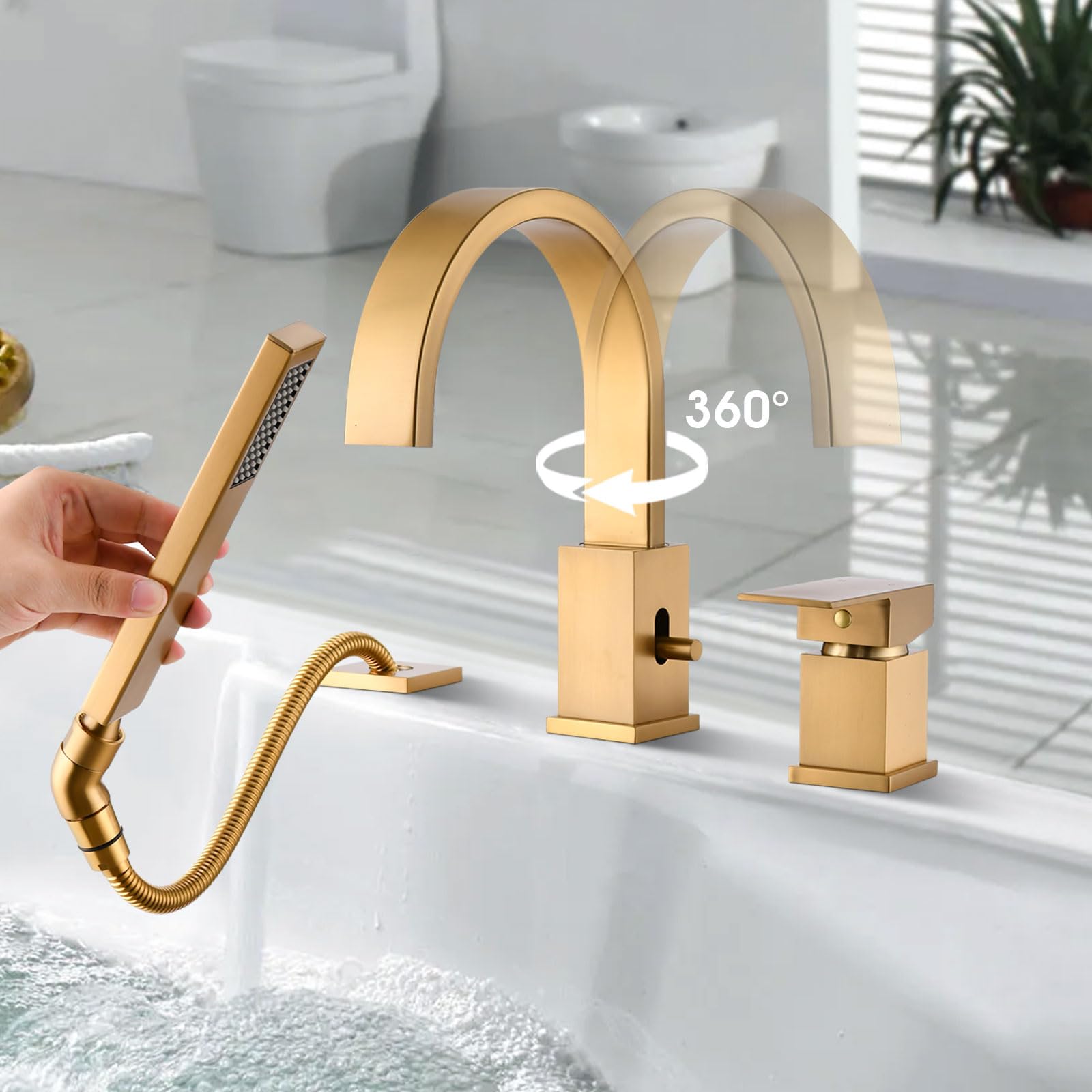 Brass Roman Tub Faucet with Sprayer, Deck Mount Bathtub Faucet with Hand Shower, 3 Hole Waterfall Faucet with 360 Spout, Single Handle Tub Filler with 8 GPM High Flow, Brushed Gold
