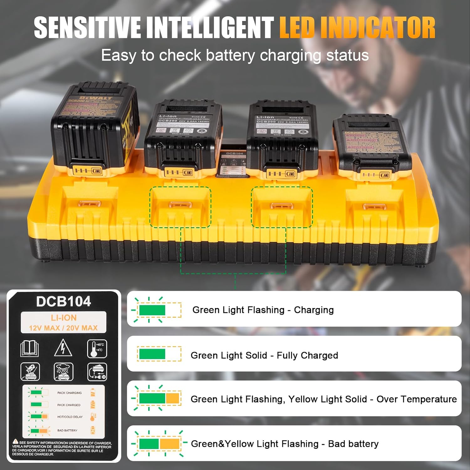 DCB104 Replacement for Dewalt Battery Charger Station, 4 Port Fast Rapid Charging Station with USB and Type-C Ports Compatible with All Dewalt 12V 20V Max Lithium Battery