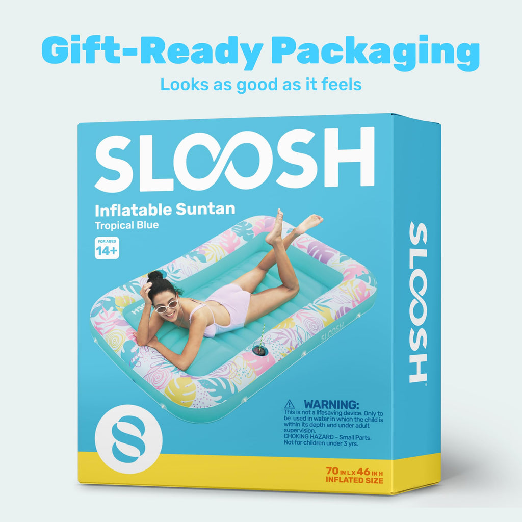 SLOOSH Inflatable Tanning Pool Lounger Float, 85" x 57" Extra Large Pool Floats Adult with Pillow, 4 in 1 Suntan Tub Raft Floatie,Sunbathing Bed Lounge for Water Blow Up Ball Pit Party Gifts, XL-Blue