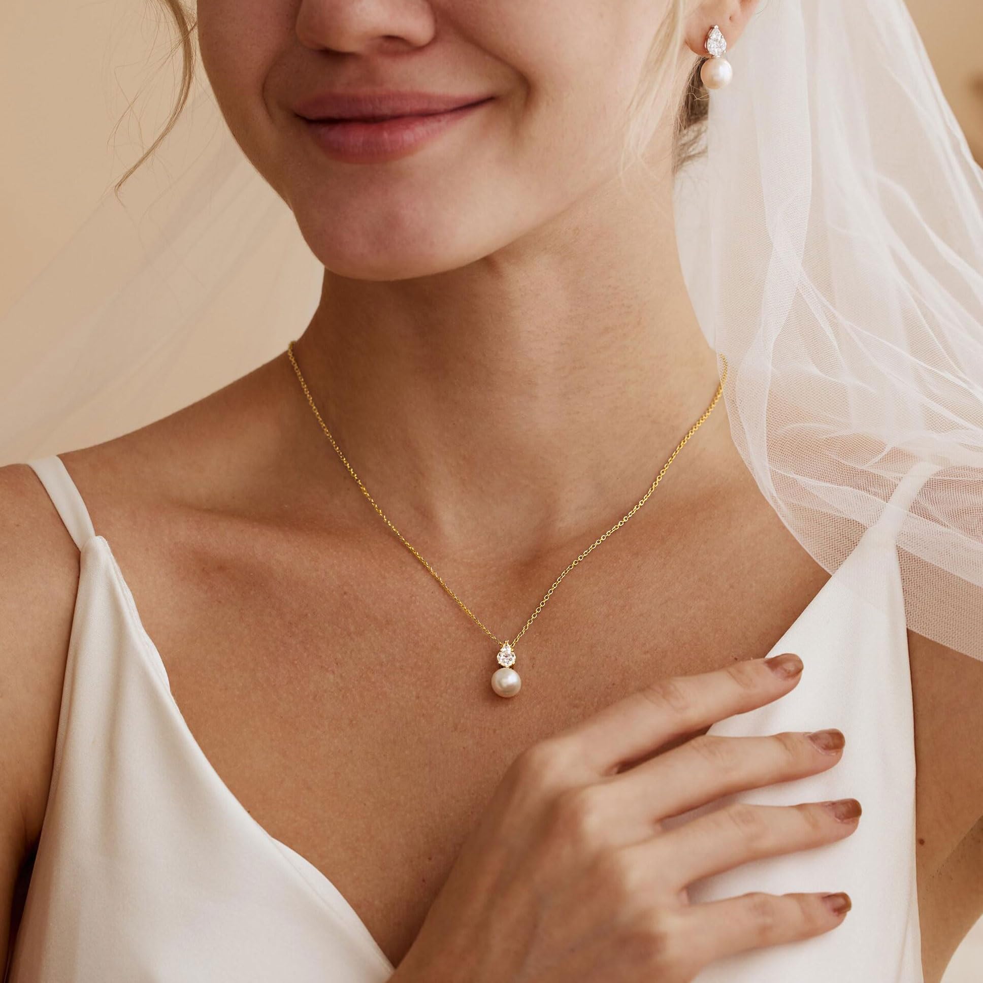 Pearl Necklace for Women Trendy,14k Gold Plated Necklace Dainty Wedding Necklace Small Cute Choker Necklace Gold Prom Drop Necklace Vintage Waterproof Jewelry for Women Prom Jewelry Fashion Gifts