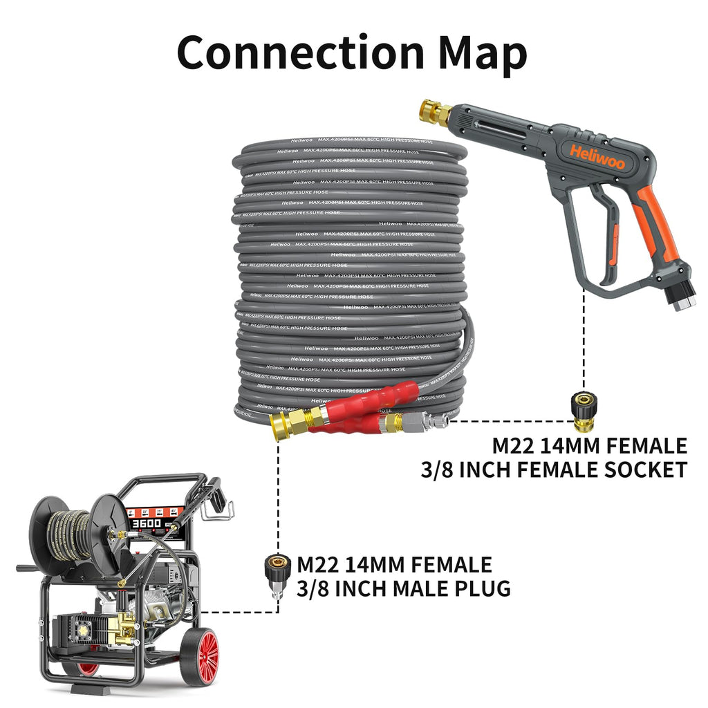 Pressure Washer Hose 25FT, 4200PSI High Tensile Wire Braid Kink Resistant Power Washer Extension Hose, 1/4'' Flexible Replacement Hose with M22-14mm Brass Swivel Thread and 3/8 Quick Connect