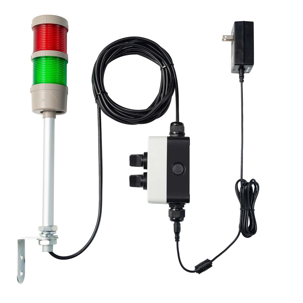 2-Stack LED Andon Tower Light with Buzzer | Industrial Warning Signal, Red/Green,On/Off or Flash, ABB Switch, Mean Well 120V-24V Adapter, Plug-and-Play