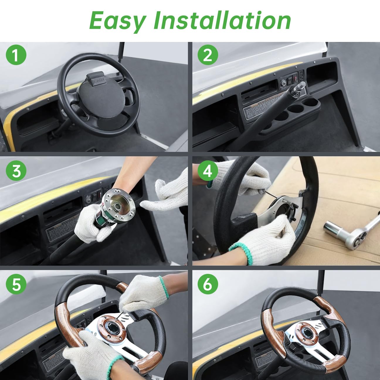 10L0L Golf Cart Steering Wheel, 13' Universal Fit for EZGO TXT/RXV, Club Car DS/Precedent, Yamaha G2-G29 (Carbon Black)
