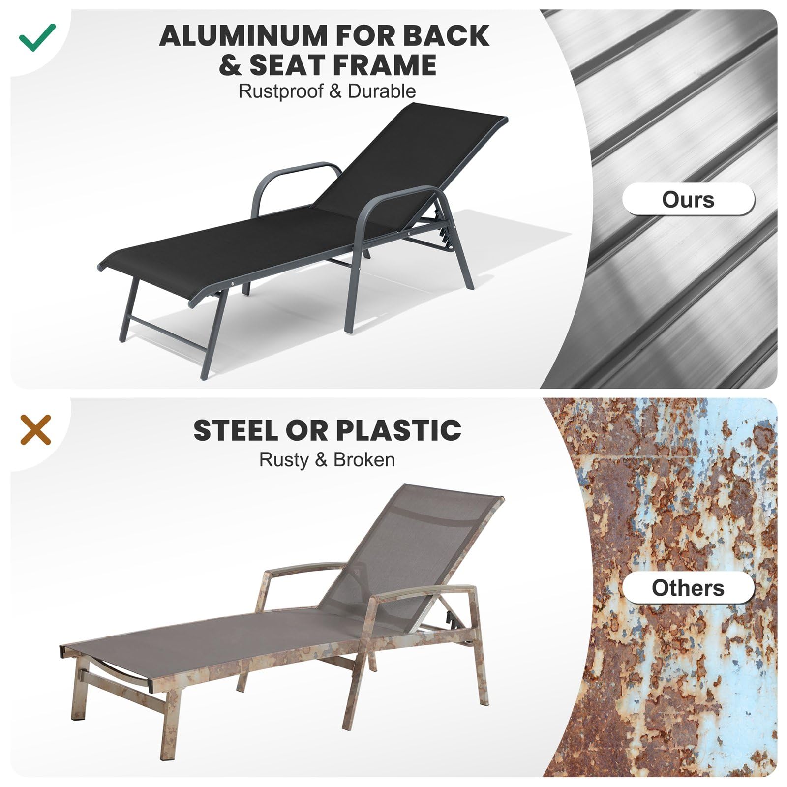 Crestlive Products Chaise Lounge Chair Outdoor with Armrests, Pool Lounge Chairs Set of 2, Aluminum Adjustable 5 Positions Sun Tanning Lounger for Patio, Poolside, Yard, Deck, Backyard (Beige)