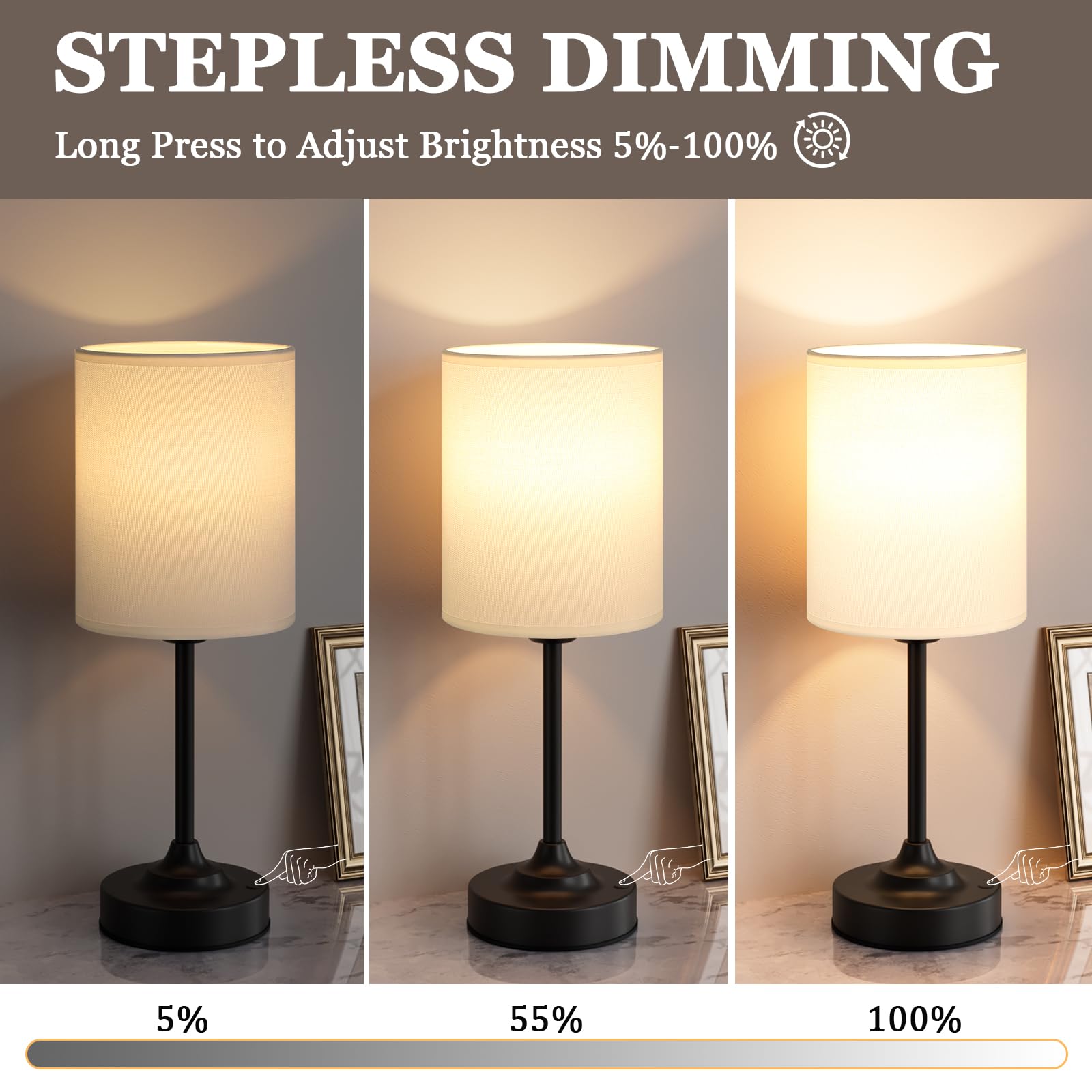 Touch Control Cordlss Table Lamp, USB-C Rechargeable Lamp with Stepless Dimming, 4000mAh Battery Operated Bedside Lamp for Bedroom, Living Room, Night Light & Emergency Lighting, Black, 1 Pack