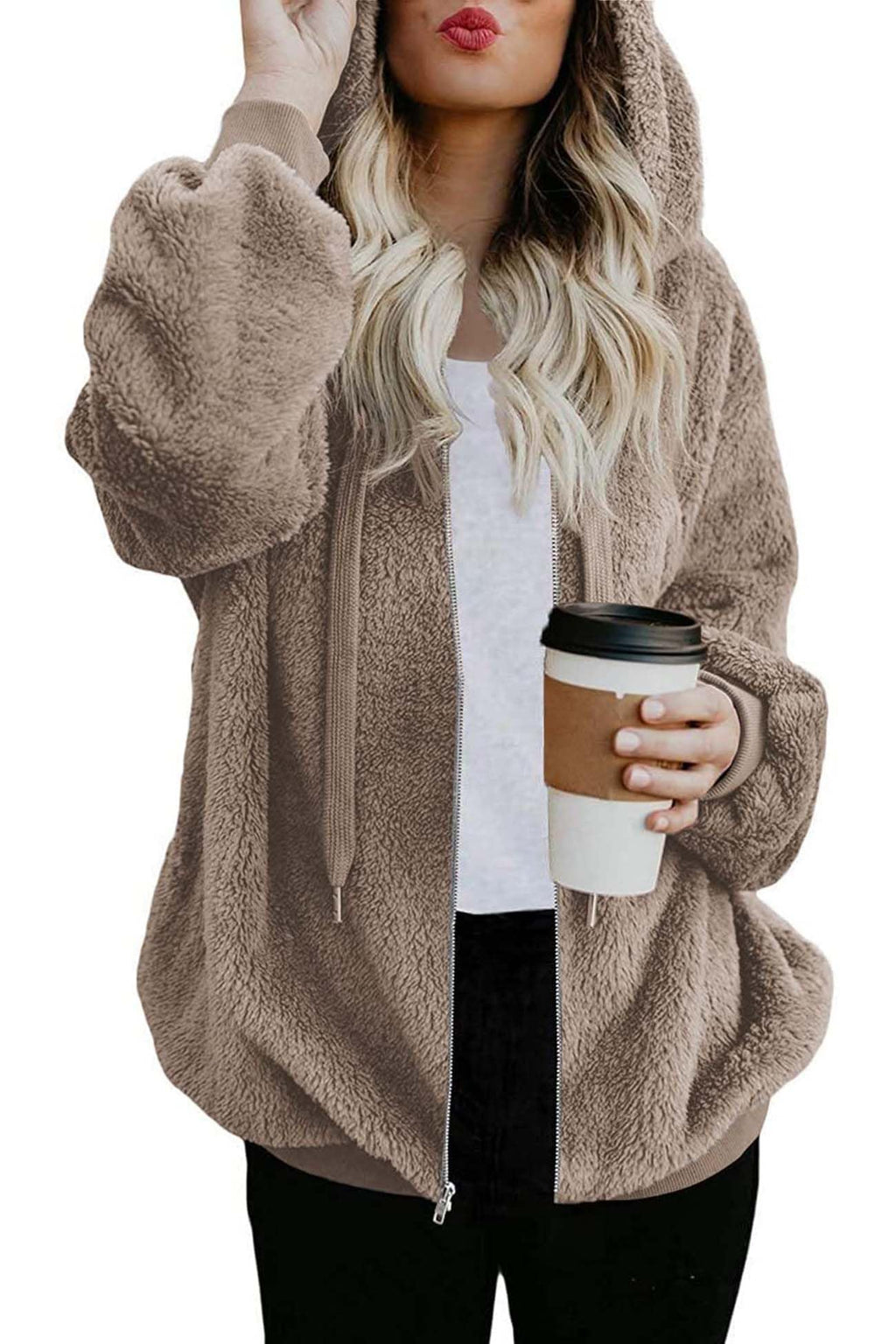 ReachMe Womens Oversized Sherpa Jacket Fuzzy Fleece Zip Up Hoodies with Pockets Warm Fall Outfits Winter Coats