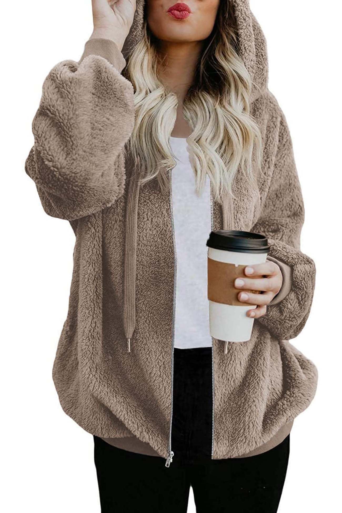 ReachMe Womens Oversized Sherpa Jacket Fuzzy Fleece Zip Up Hoodies with Pockets Warm Fall Outfits Winter Coats