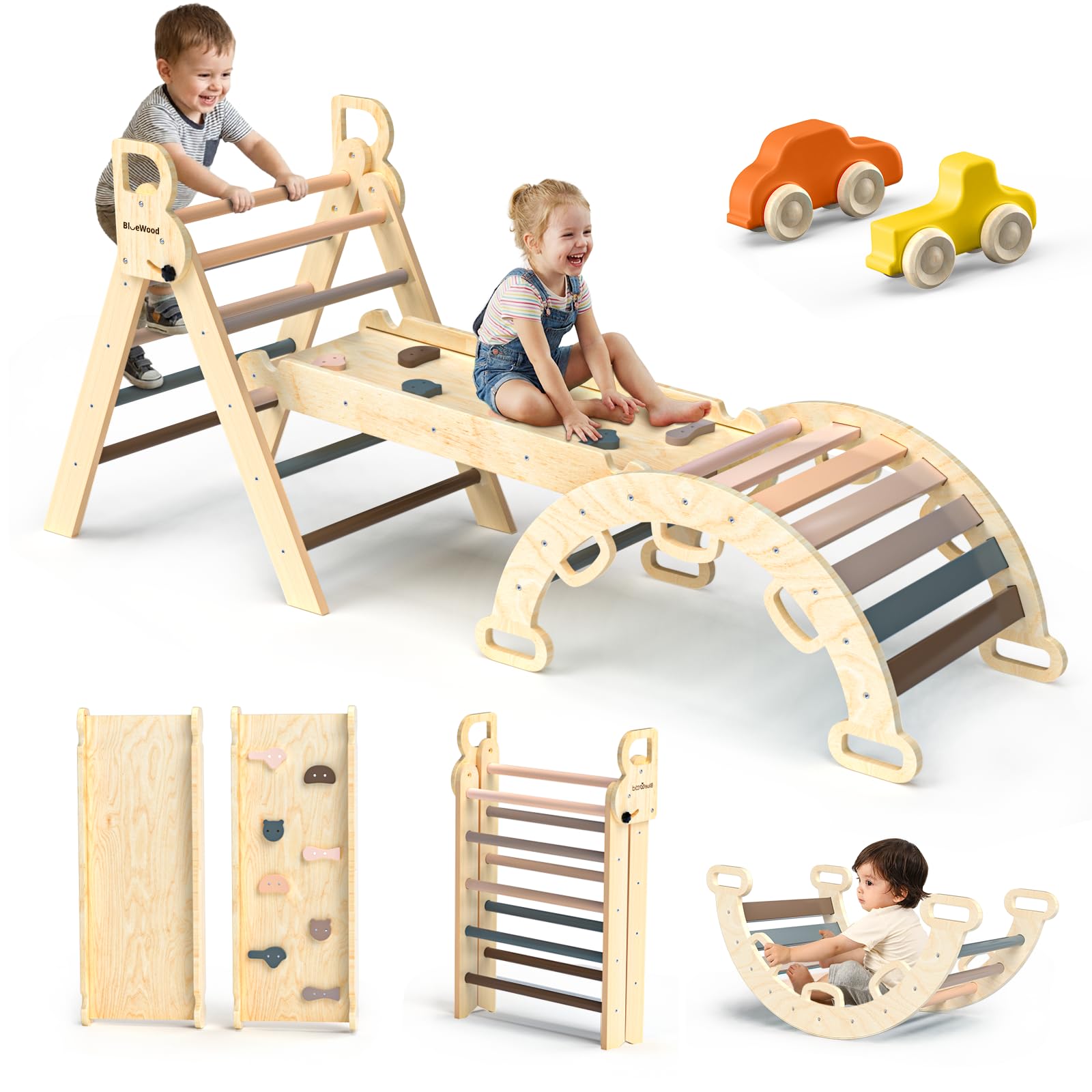 BlueWood Pikler Triangle Set with Safe Handle, Foldable 7-in-1 Montessori Toddler Climbing Toys Indoor, Wooden Pickler Climbing Set, Baby Jungle Gym & Playground, Climbing Toys for 1-3 Year, Colorful