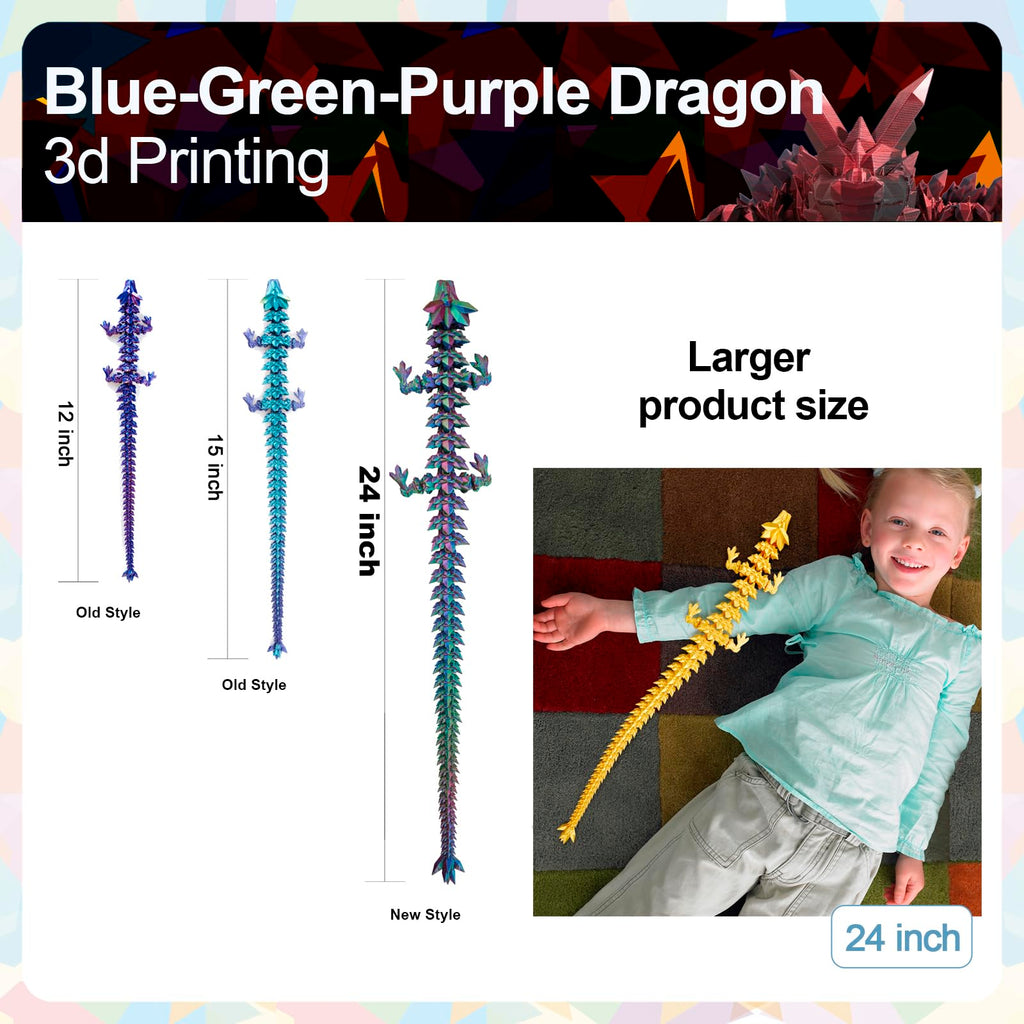 24" Large 3D Printed Dragon - Huge Articulated Crystal Dragon Fidget Toy, Giant Flexible 3D Dragon Figure, Birthday Gift for Boys Girls Kids & Collectors, Home Office Executive Desk Decor