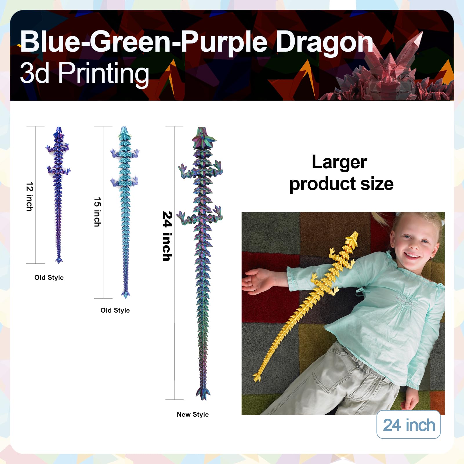 24" Large 3D Printed Dragon - Huge Articulated Crystal Dragon Fidget Toy, Giant Flexible 3D Dragon Figure, Birthday Gift for Boys Girls Kids & Collectors, Home Office Executive Desk Decor
