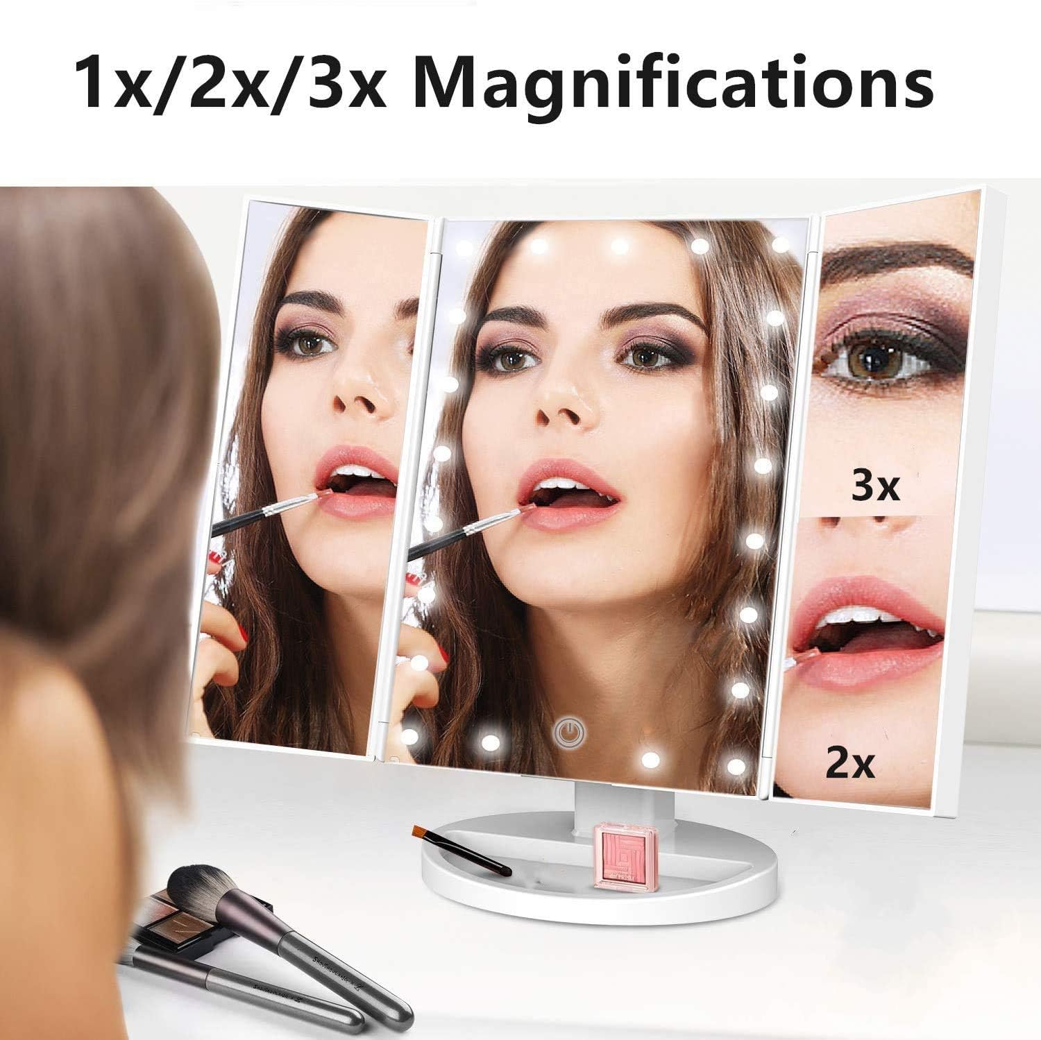 Flymiro Tri-fold Lighted Vanity Makeup Mirror with 3x/2x Magnification,Light up Mirror for Makeup,Touch Screen 21 LEDs,180° Rotation Countertop Cosmetic Mirror,Gifts for Women Mom Teen Girls