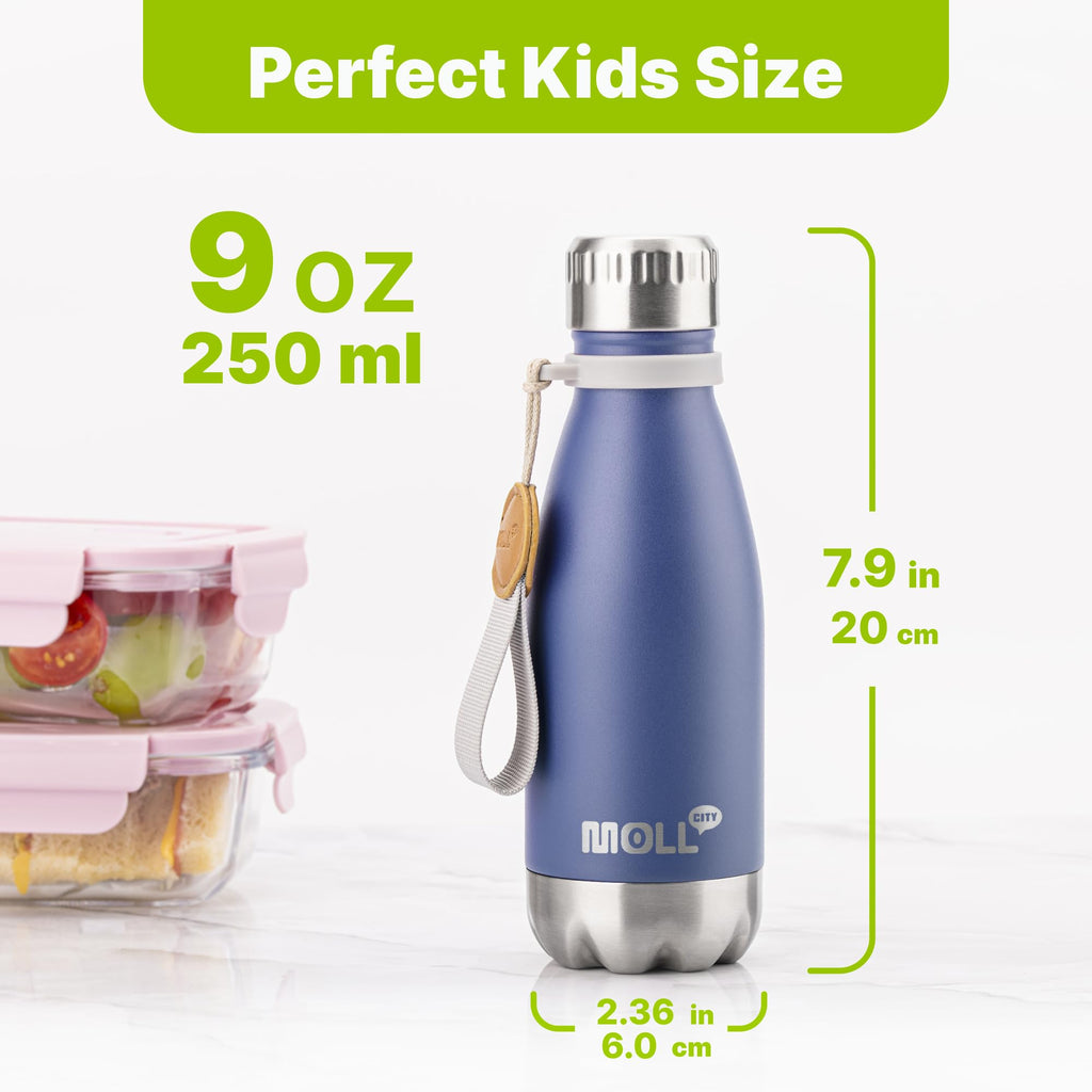 9 oz Water Bottle for Kids-Small Stainless Steel Water Bottle for School Vacuum Insulated Metal Leak Proof Cola Shape Water Flask for Boys Girls(Baby Blue)