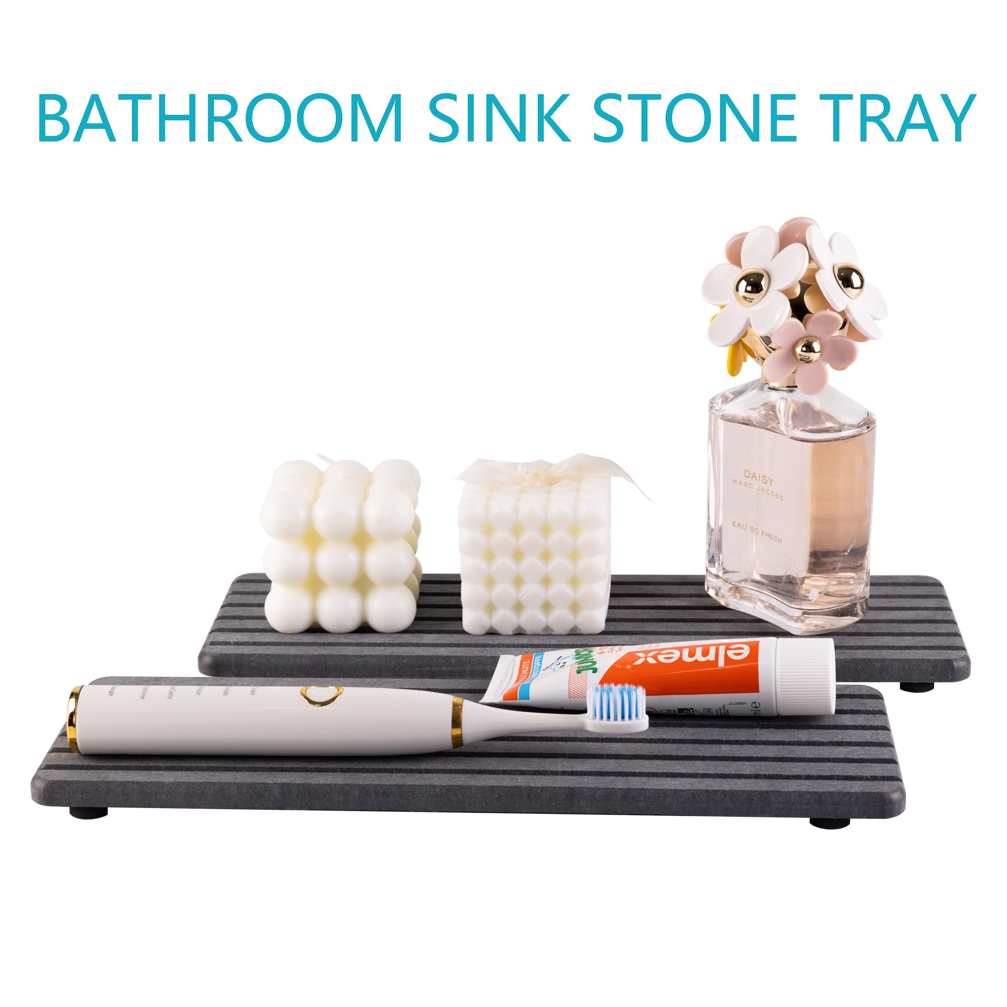 NiuYichee 2 PCS Water Absorbent diatomite Coasters, 7.1" x 3.5" Water Absorbing Stone Tray for Sink, Stone Drying mat for Kitchen Counter, Stone soap Tray Used for Hand Soaps & toiletries & Plants