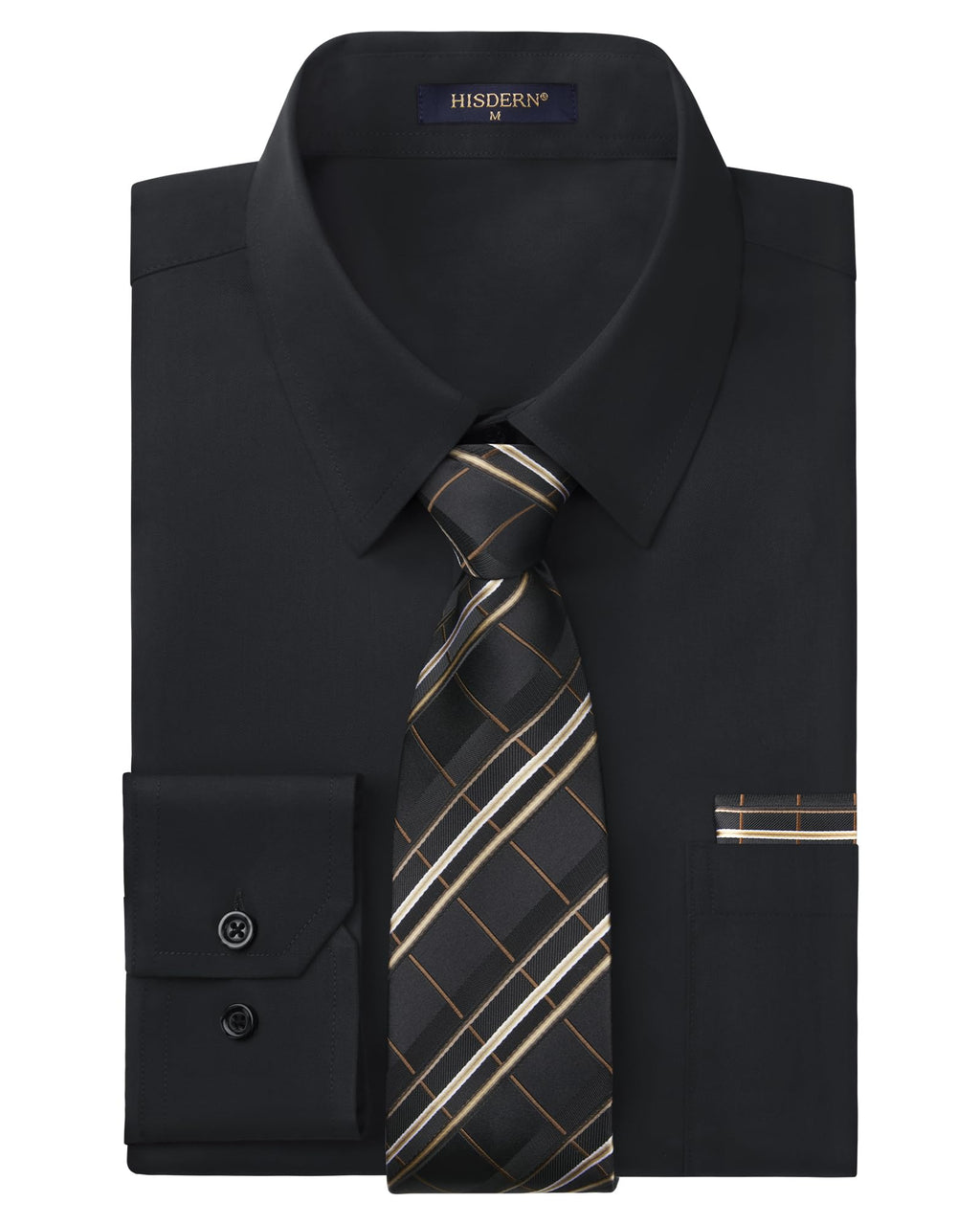HISDERN 503 Mens Dress Shirt Slim Fit Long Sleeve Button Down Wrinkle Free Set with Tie Pocket Square Formal Business Wedding