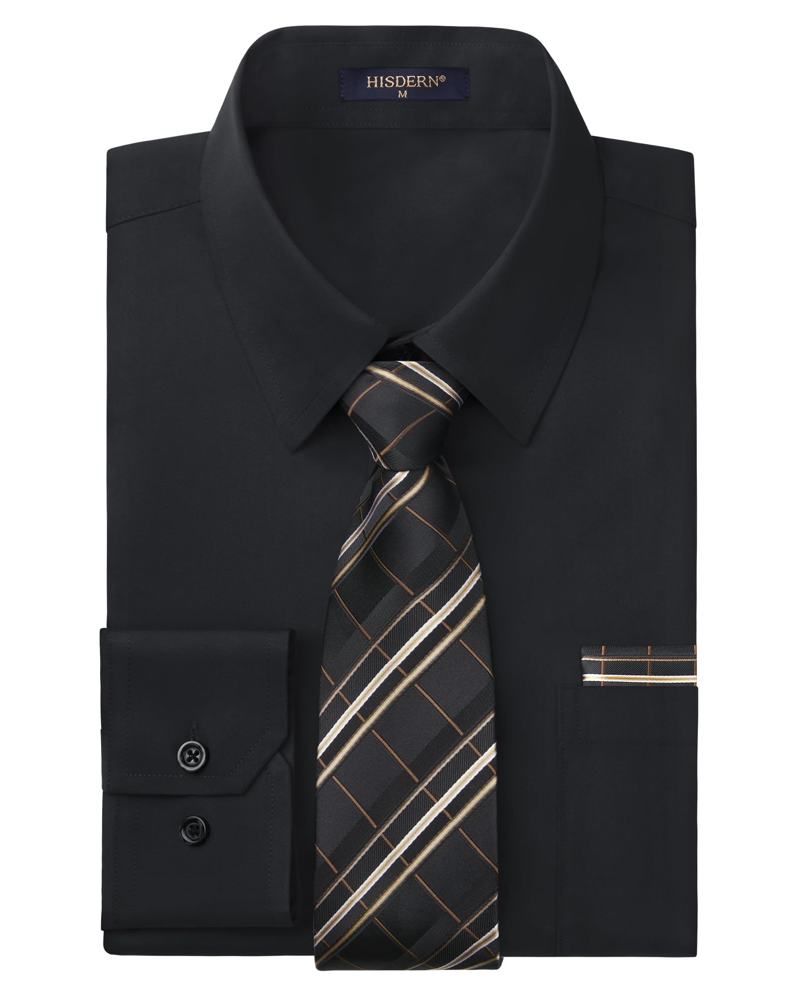 HISDERN 503 Mens Dress Shirt Slim Fit Long Sleeve Button Down Wrinkle Free Set with Tie Pocket Square Formal Business Wedding