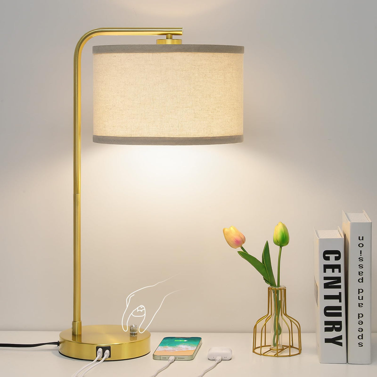 Table Lamps Set of 2, Fully Dimmable Bedside Lamp with USB C+A Charging Ports, Modern Nightstand Lamps with Linen Fabric Shades, Tall Desk Lamp for Bedroom, Living Room, Office, LED Bulb Included