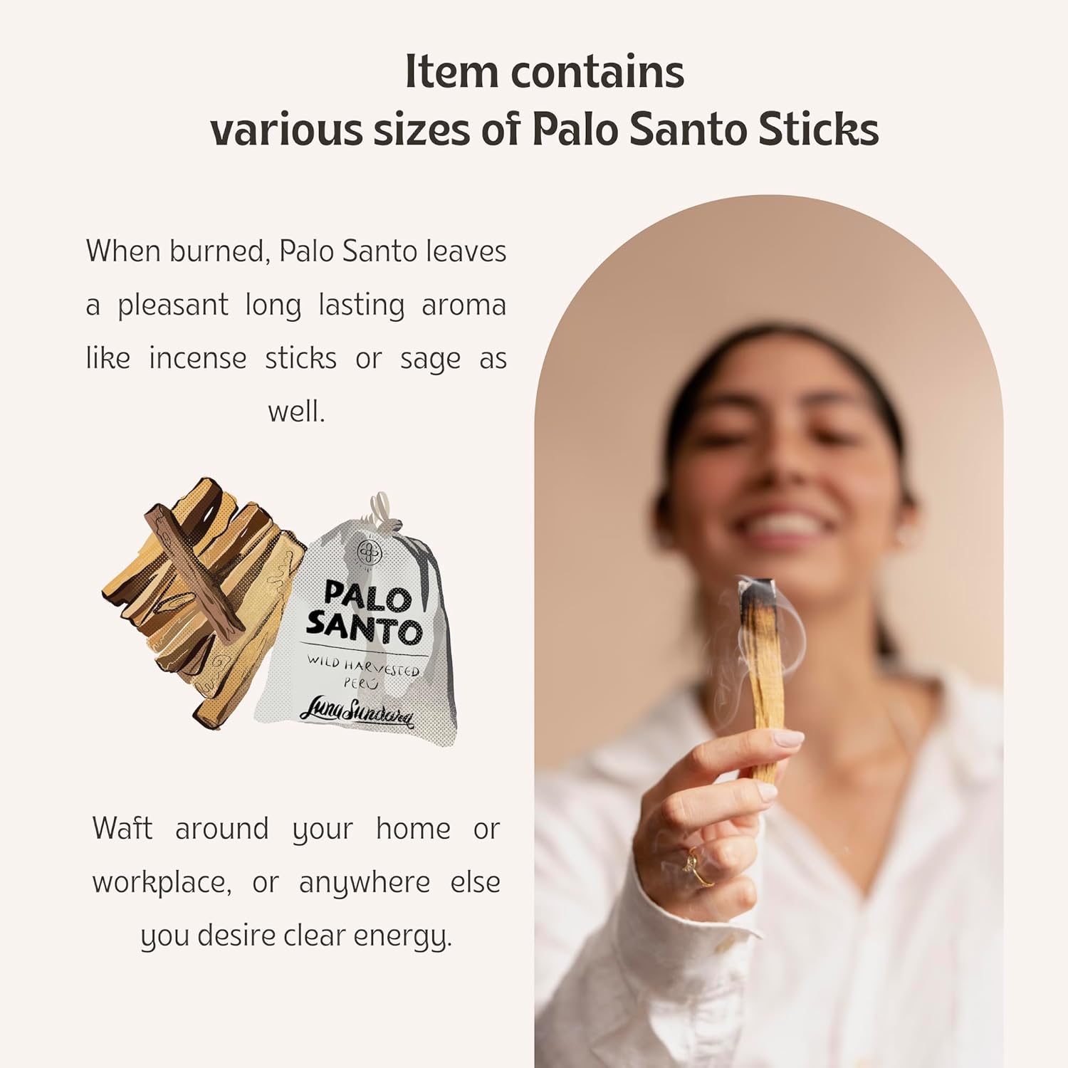 Luna Sundara Palo Santo Sticks, 100g Peruvian Smudging Wood | Sustainably harvested Bursera graveolens palo santo wood for meditation, cleansing, smudging, and rituals.