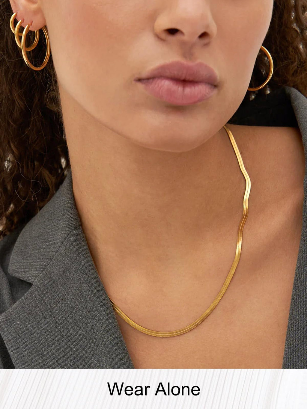 FOCALOOK 14K Gold Plated Necklaces for Women, Fashion Herringbone Choker Necklace Stainless Steel Flat Snake Chain 3/5MM(W) 12.5"/15"/18"+3.5"(L)