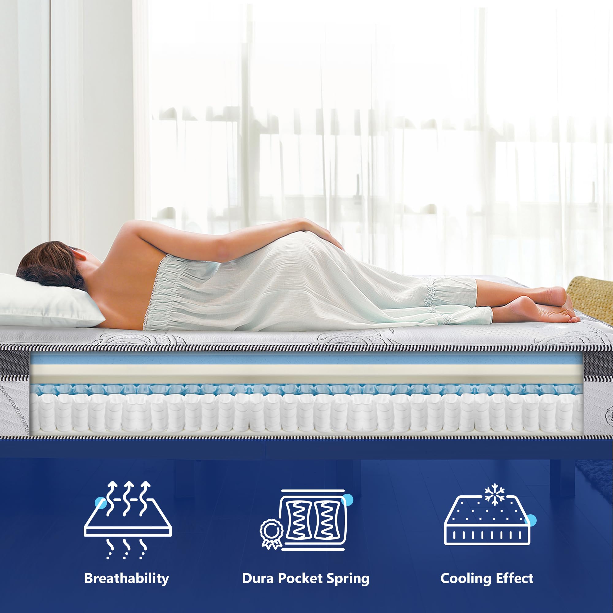 Olee Sleep Full Mattress, 10 Inch Support Cloud Hybrid Mattress, Gel Infused Memory Foam, Pocket Spring for Support and Pressure Relief, CertiPUR-US Certified, Bed-in-a-Box, Soft, Full Size