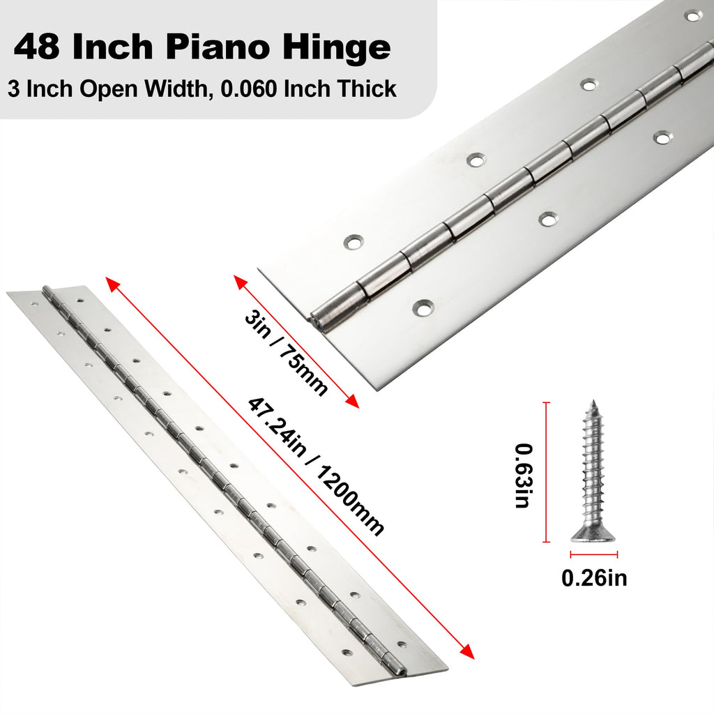 2 Pcs Heavy Duty Piano Hinge 8 Inch x 3 Inch Width, True 0.060'' Thick Stainless Steel Piano Hinge for Heavy Duty Cabinet, Door, Toolbox, Wooden Box, Metal Plate, Furniture, Industrial Project