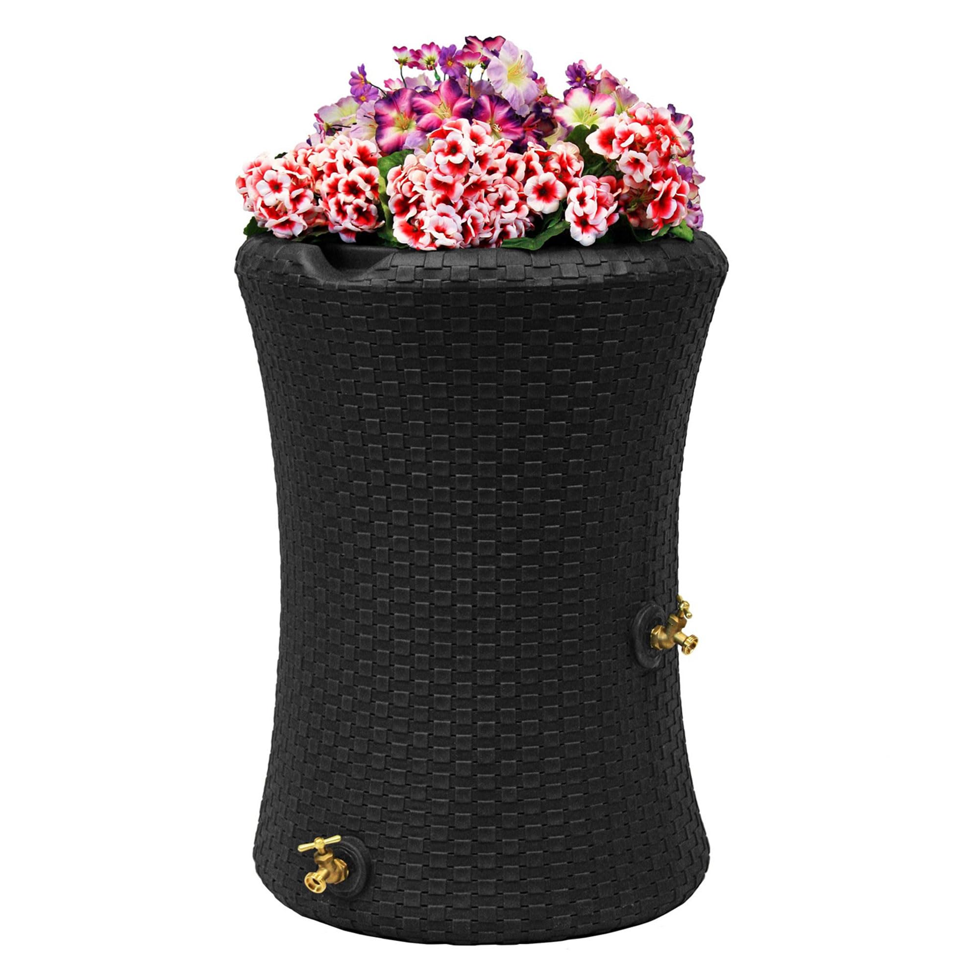 Good Ideas Impressions 50 Gallon Nantucket Outdoor Home Rain Barrel Water Storage Collector with Garden Planter and Brass Spigot, Black (2 Pack)