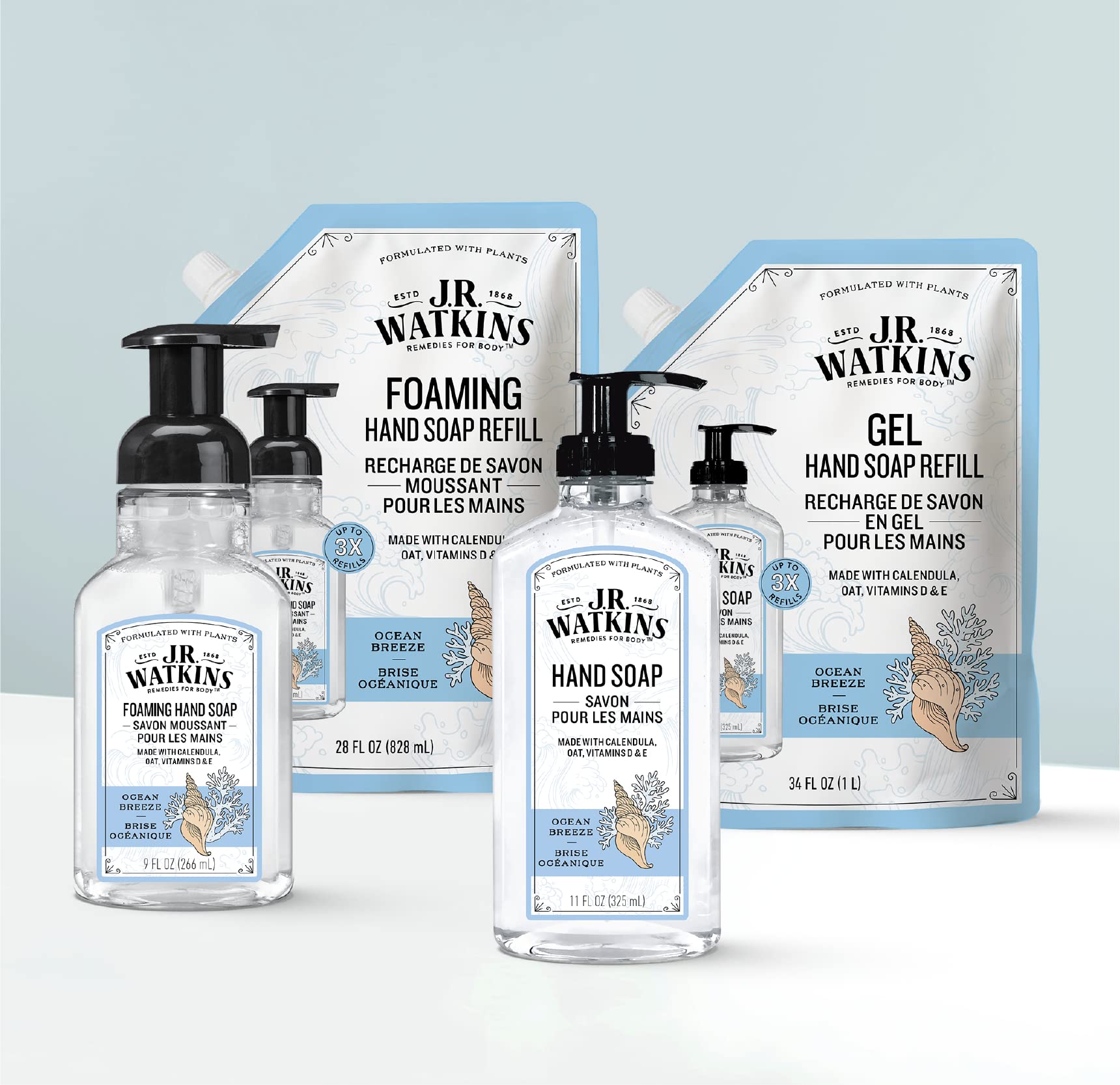 J.R. Watkins Gel Hand Soap Refill, Moisturizing Hand Wash, Formulated with Plant-Based Cleansers, Alcohol-Free, Cruelty-Free, Aloe & Green Tea, 34 Fl Oz, 2 Pack
