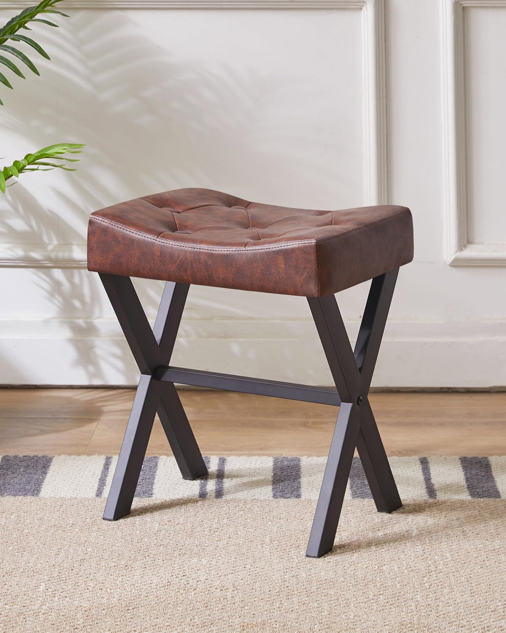 IBUYKE U-Shaped PU Vanity Stool, Square Makeup Chair with X-Leg, Ottoman Seat Footrest Stool, Multi-Use as Small Side Table, for Bedroom, Living Room, Black WBD019B