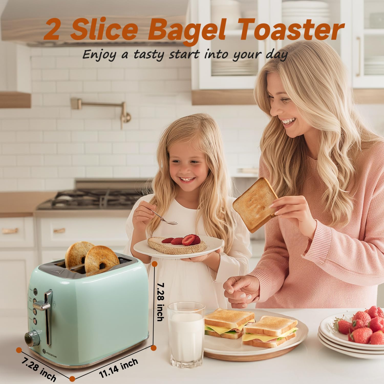 Aigostar Toaster 2 Slice Retro Toaster Stainless Steel, 1.6 inch Extra Wide Slots Bread Toaster Bagel, Cancel, Defrost Function, 6 Shade Settings & Removable Crumb Tray for Bread Waffle, Aqua Green