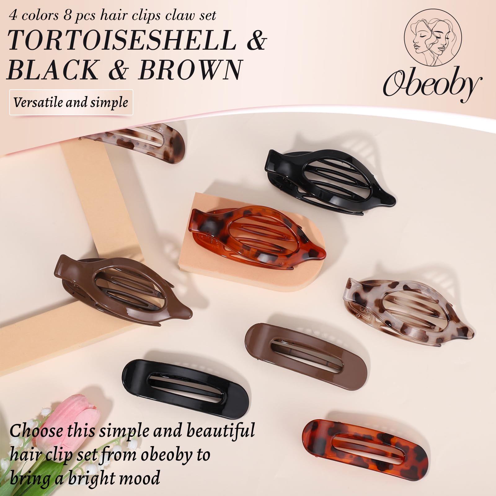 Obeoby 8 Pcs Flat Claw Clips for Women, Strong Hold French Flat Hair Clips for Thick Thin Hair Barrettes Accessories Round Large Medium (Tortoiseshell)