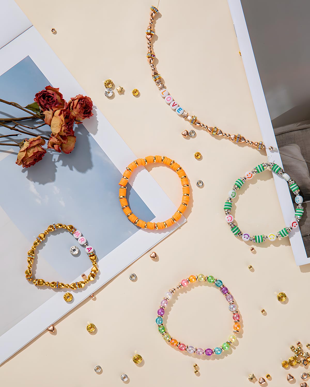 Goldwise Friendship Bracelet Kit - 4 Boxes, 48 Colors Clay & 4mm Seed Beads, Letter Beads, Charms for Jewelry & Bracelet Making for Gifts & Parties