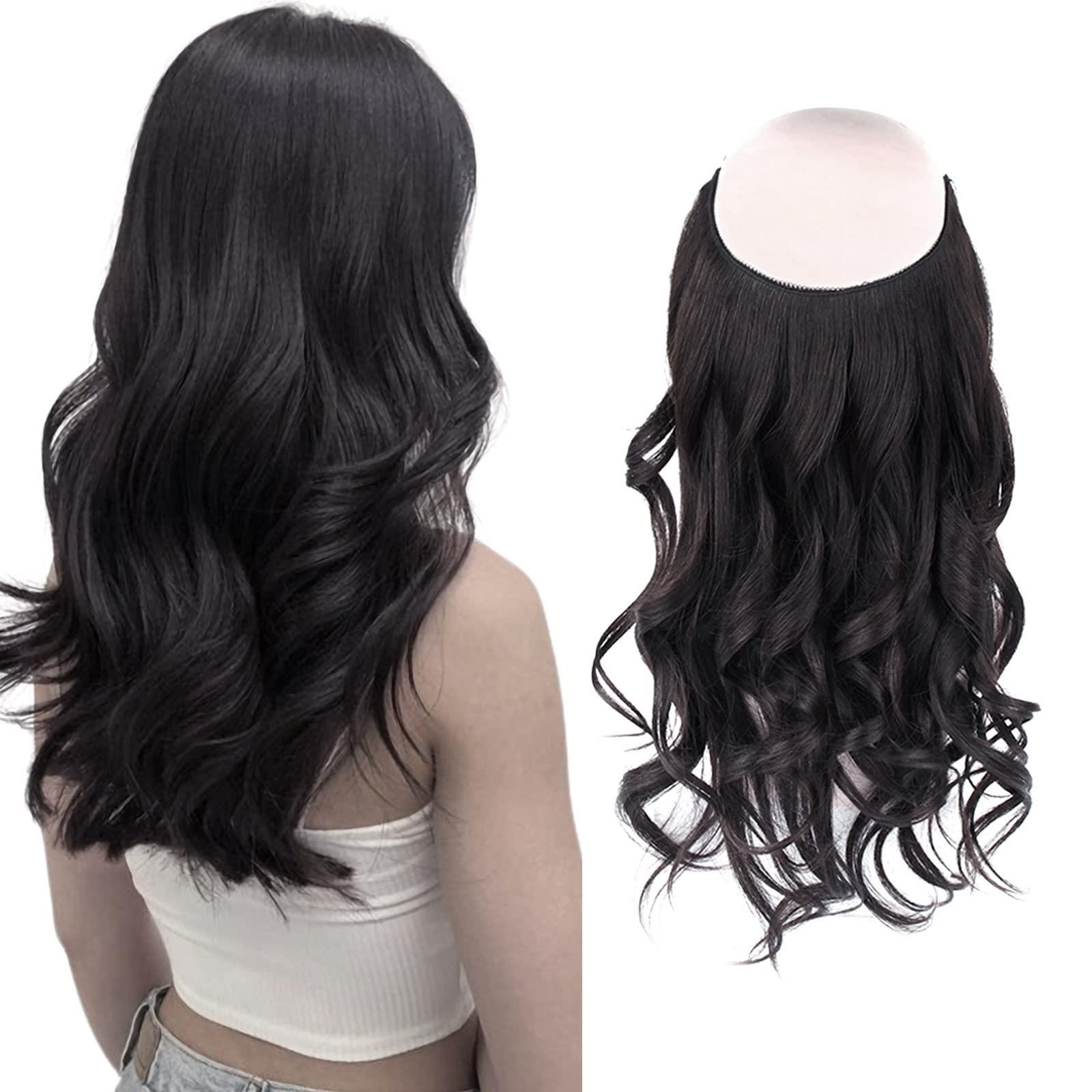 Sassina Invisible Wire Hair Extensions Real Human Hair with Transparent Wire Adjustable Size Secure Clips Natural Straight Secret Miracle Hairpiece, #1 Jet Black 12 Inch 70 Gram