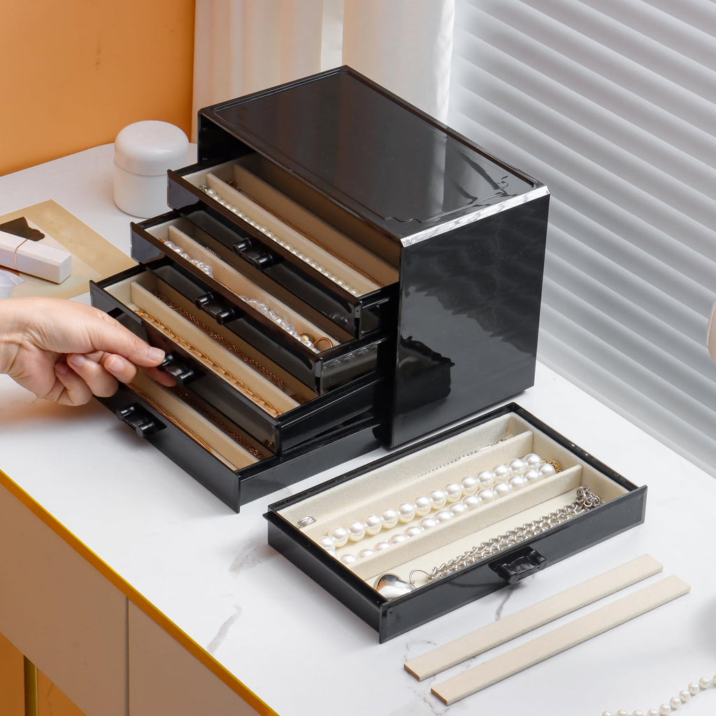 YUFONG Necklace Holder Organizer, Dustproof Necklace Box Velvet Necklace Organizer Box with Lid Clear Acrylic Dustproof Stackable Jewelry Displays for Necklaces Chain Display (Beige, 3 Drawer)