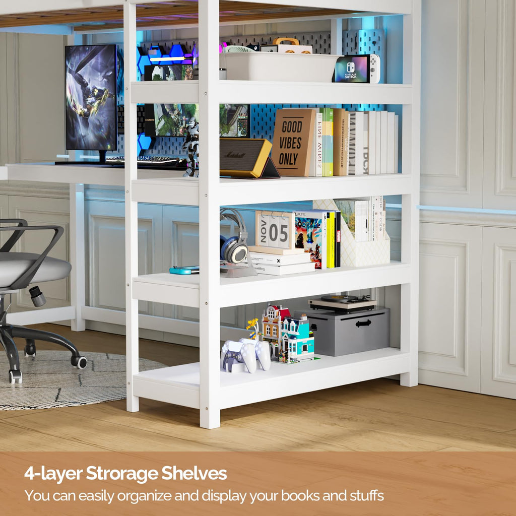 JOYMOR Low Loft Bed Twin Size with LED Lights, 4 Storage Shelves, Removable Curtain, Kids Wood Loft Bed with 15" H Safety Guardrail, Spave Saving, Mattress Not Included (Gray)