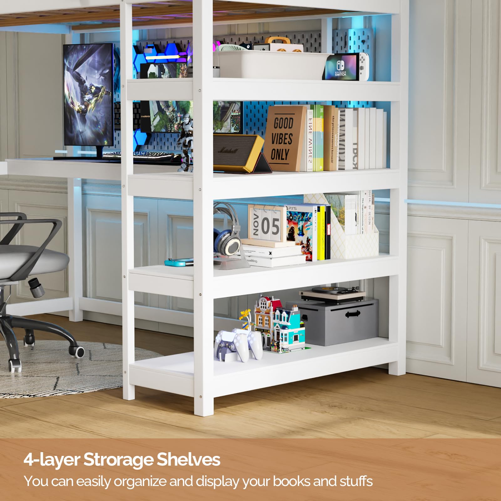 JOYMOR Low Loft Bed Twin Size with LED Lights, 4 Storage Shelves, Removable Curtain, Kids Wood Loft Bed with 15" H Safety Guardrail, Spave Saving, Mattress Not Included (Gray)