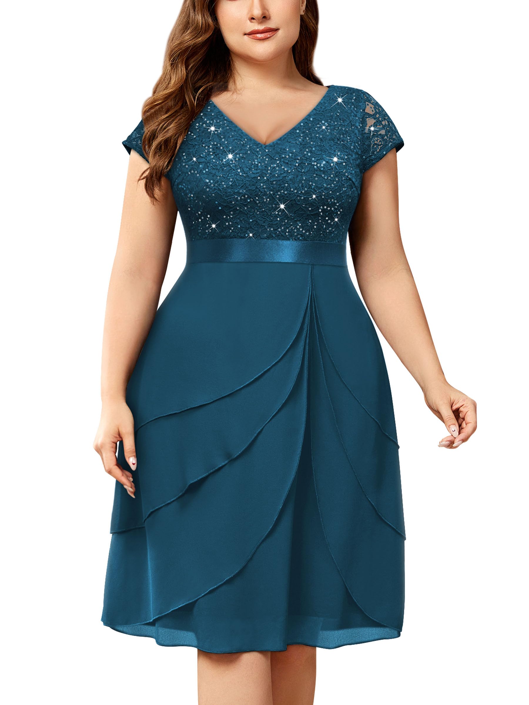 Miusol Women's Plus Size Sequin Lace V Neck Ruffle Tiered Chiffon Cocktail Party Dress