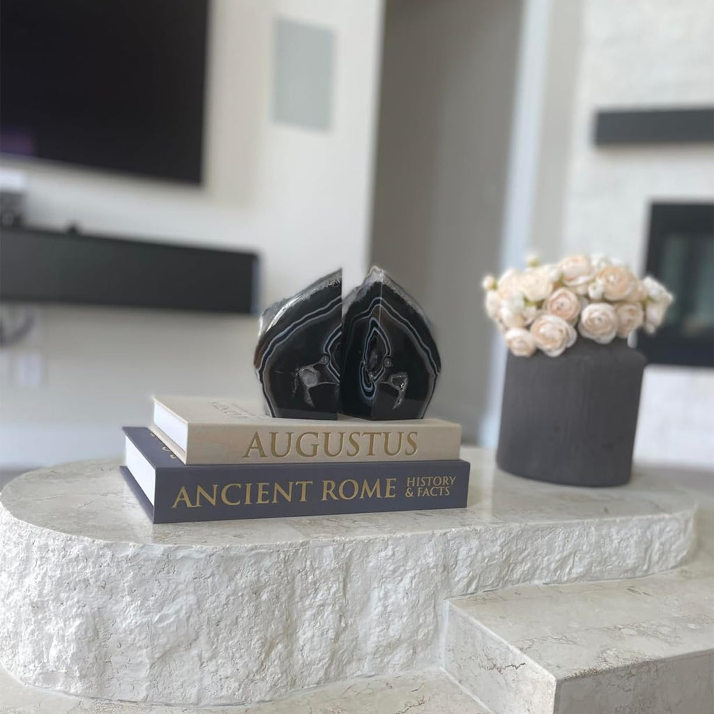 JIC Gem Black Agate Geode Bookends 2-3 Lbs Anti-Slip Rubber Pads Heavy Duty | 1Pair Natural Black Agate Crystal Decor for Shelves & Desk, Unique Small Stone Book Holder Gift for Office & Home Decoration