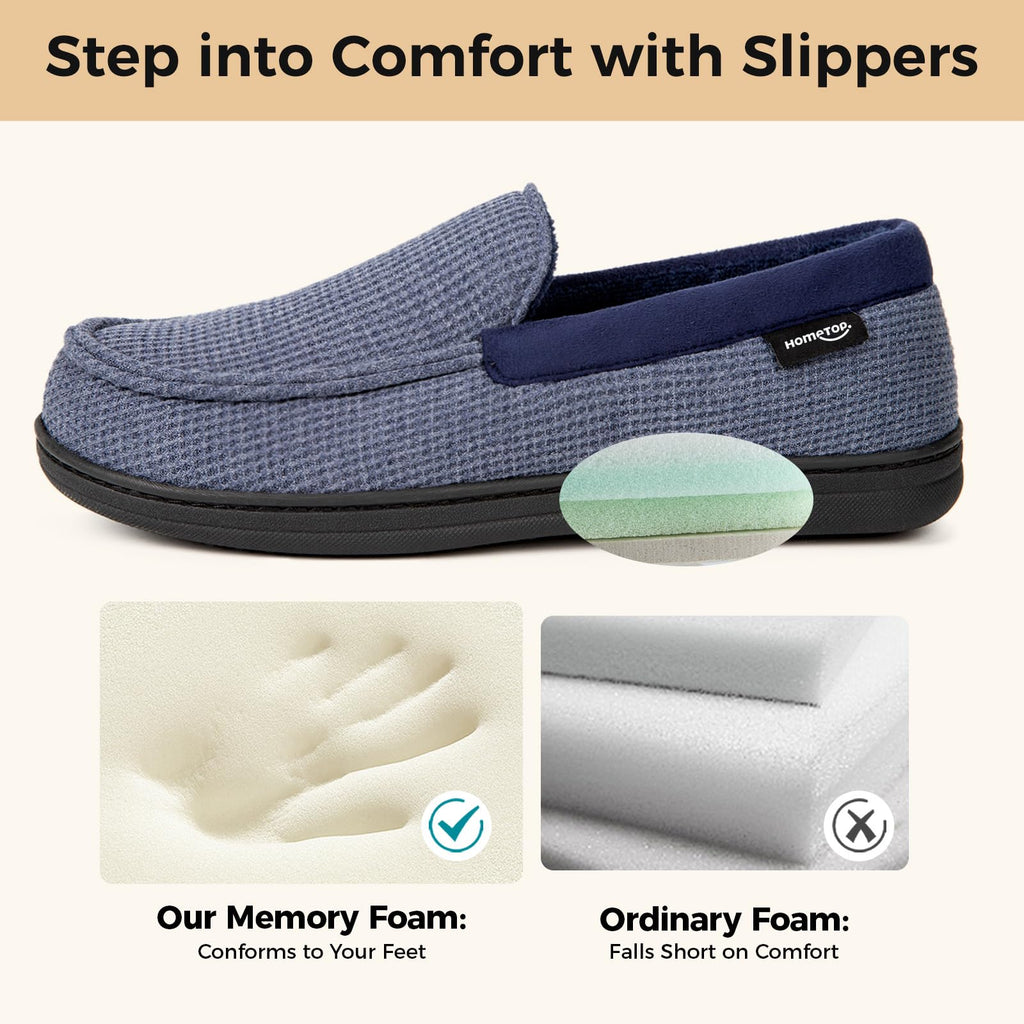 HomeTop Men's Comfort Memory Foam Moccasin Slippers, Breathable Cotton Knit Terry Cloth House Shoes for Indoor Outdoor