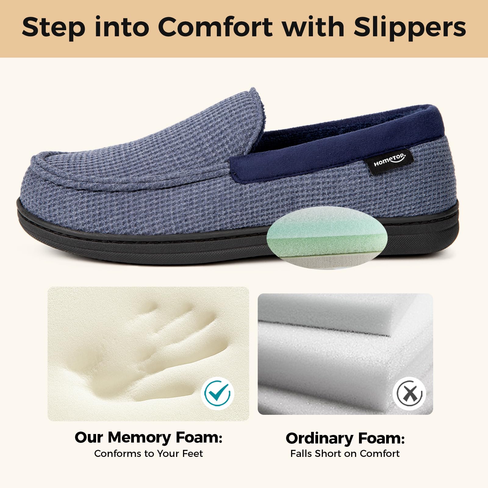 HomeTop Men's Comfort Memory Foam Moccasin Slippers, Breathable Cotton Knit Terry Cloth House Shoes for Indoor Outdoor