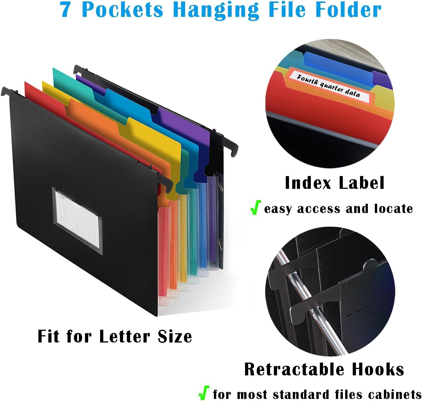 7-Pockets Hanging File Folder with Retractable Hooks for Filing Cabinet, 2 in 1 Expandable Accordion File Organizer with Elastic Band for File Frame or On-The-Go Use (1 Pcs)