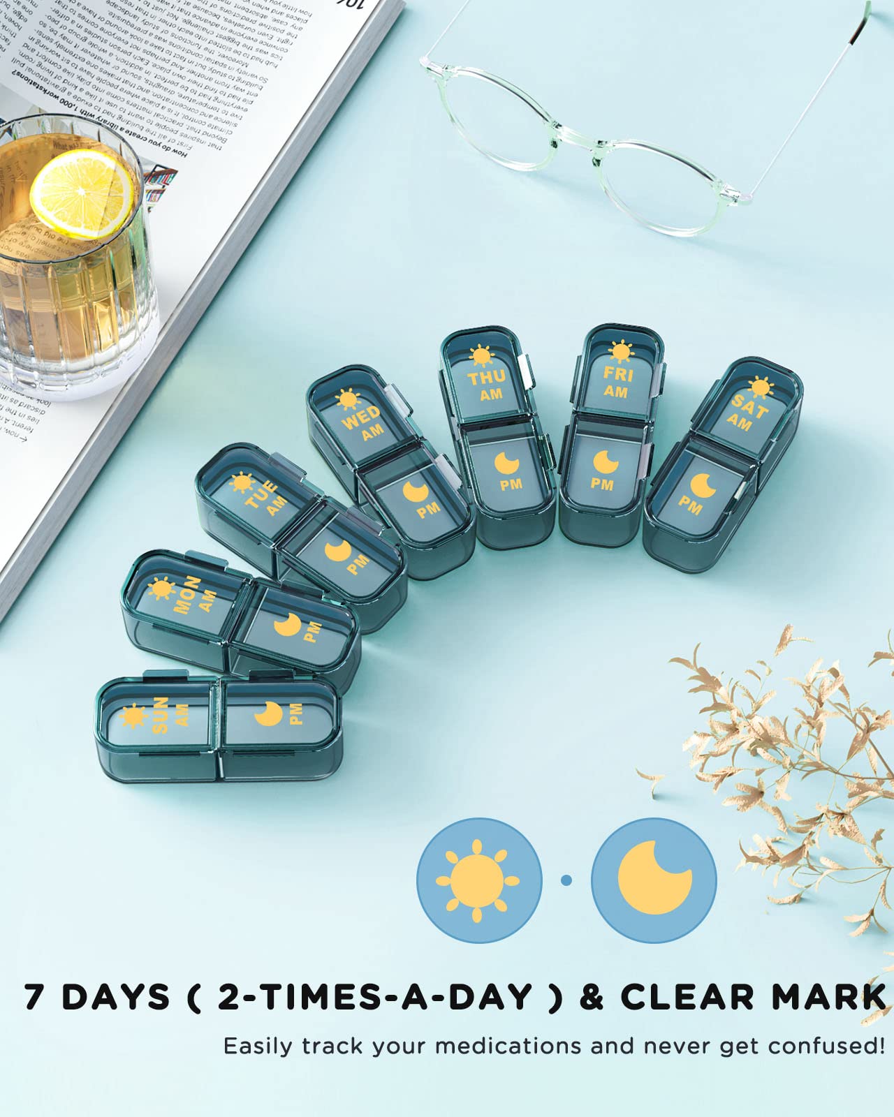 Pill Organizer 2 Times A Day, 7 Day Am Pm Pill Box - Acedada Weekly Pill Organizer Twice A Day, Portable Removable Daily Medicine Container Dispenser Case for Vitamin Fish Oil Supplement, Black Grey