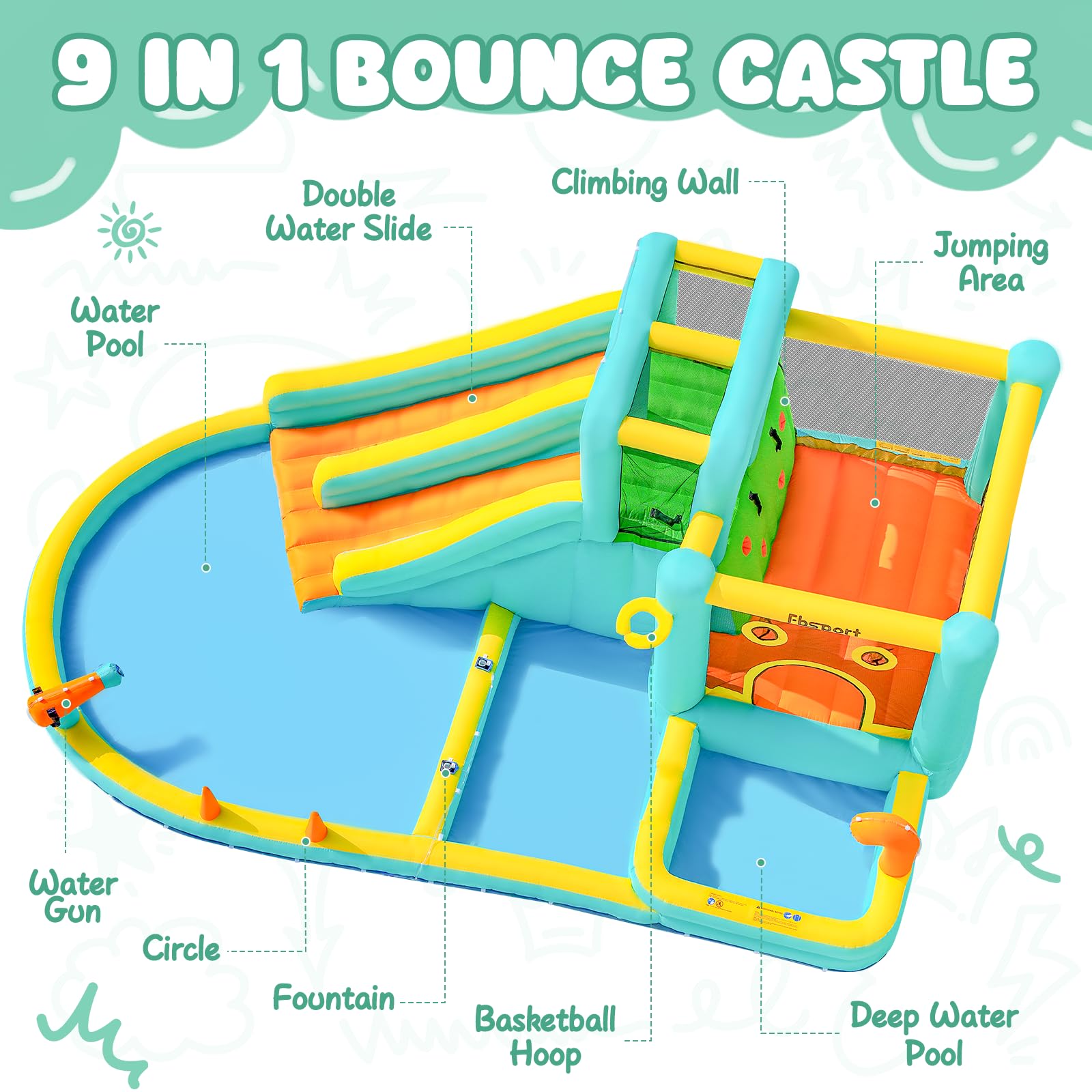 FBSPORT Inflatable Bounce House Double Slide,Water Slide Park Bounce House with Ball Pit,Water Cannon, Climbing Wall, Kids Bouncy Castle with 550W Air Blower for Backyard, Outdoor, Indoor